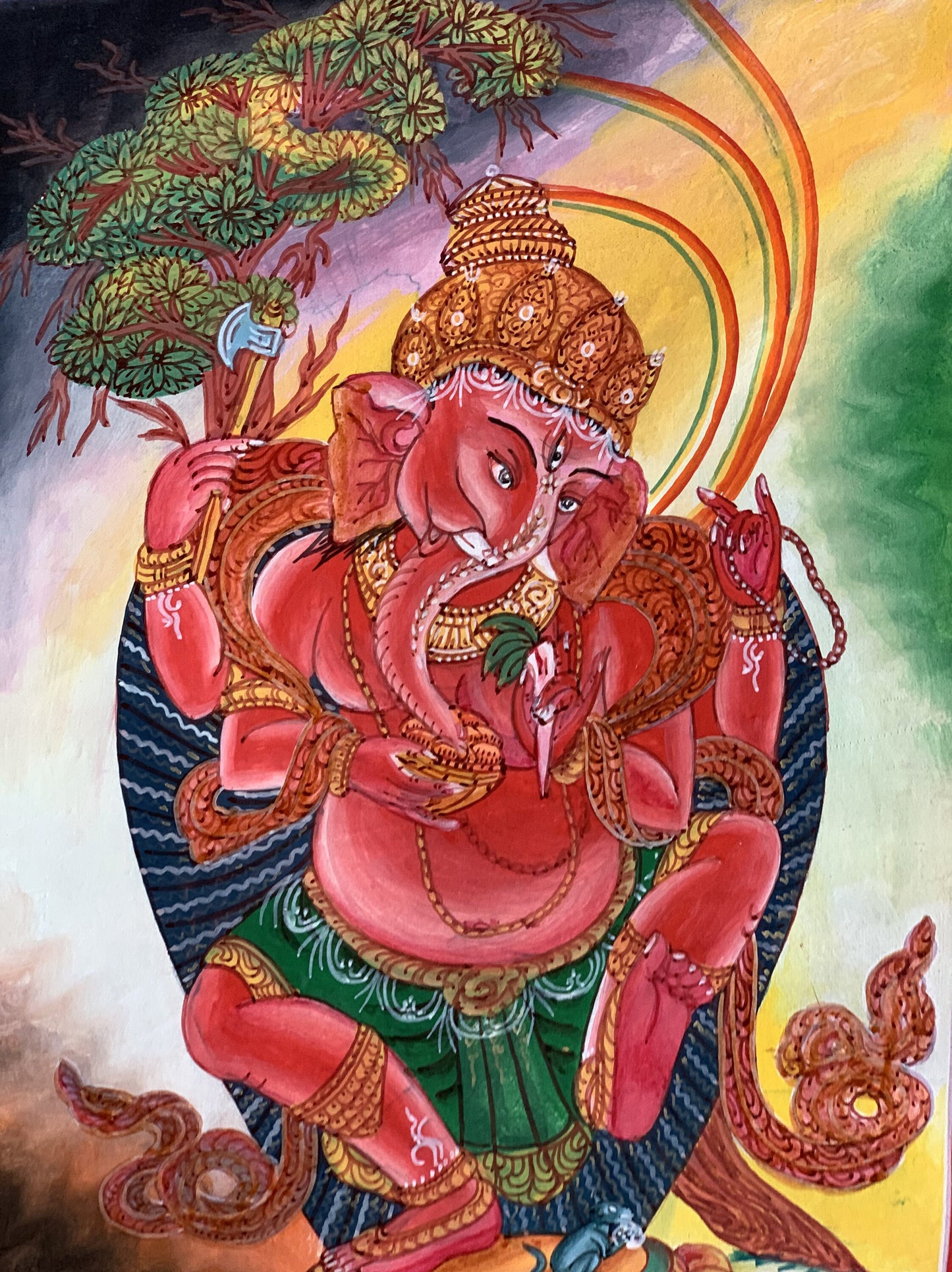 Lord Ganesha Ganesh Ganapati Vinayaka Newari Pauba Thangka Painting Original Art with Premium Silk Brocade