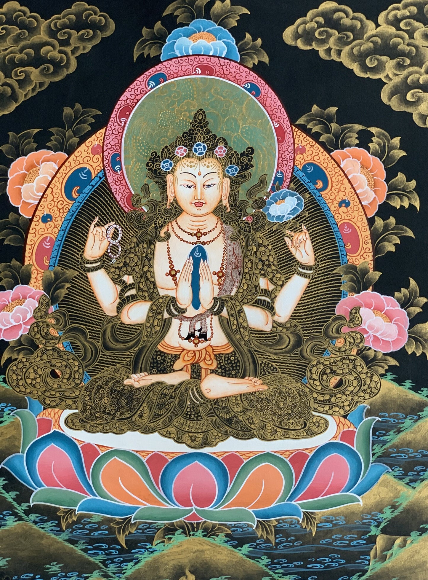 4 Armed, Chyangresi, Chenrezig, Avalokiteshvara, Master Quality, Tibetan Thangka Painting, Original Hand painted Art 13 x 18 Inches