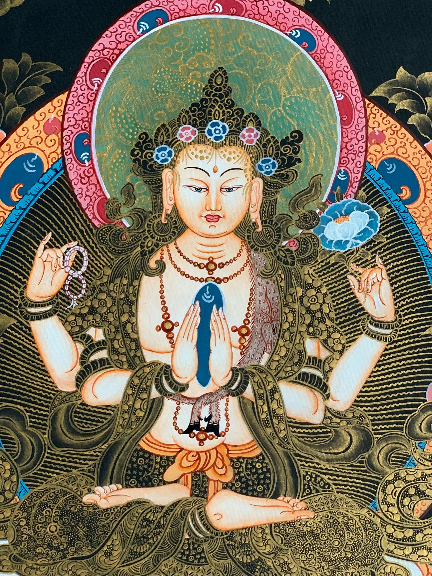 4 Armed, Chyangresi, Chenrezig, Avalokiteshvara, Master Quality, Tibetan Thangka Painting, Original Hand painted Art 13 x 18 Inches