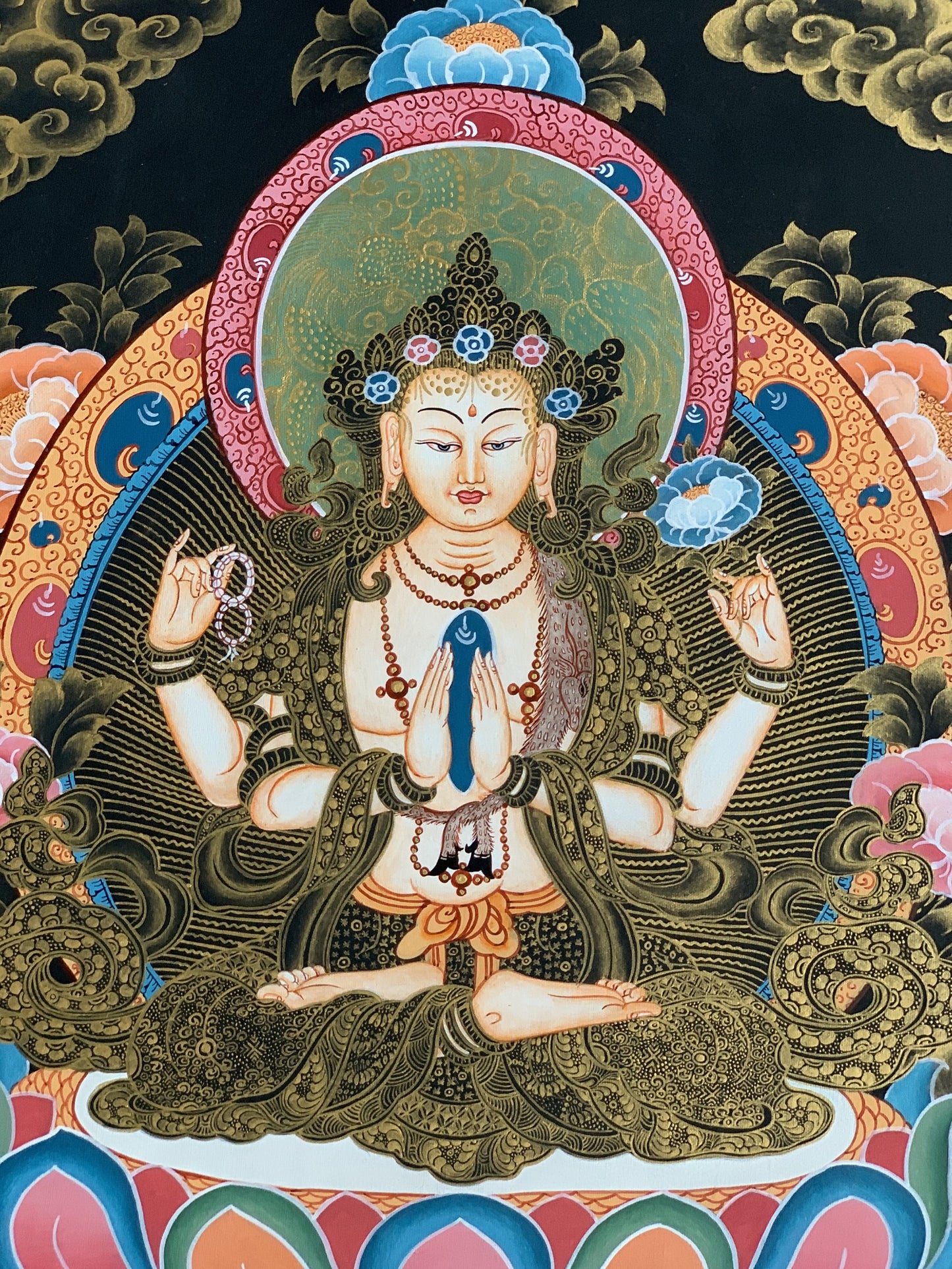 4 Armed, Chyangresi, Chenrezig, Avalokiteshvara, Master Quality, Tibetan Thangka Painting, Original Hand painted Art 13 x 18 Inches