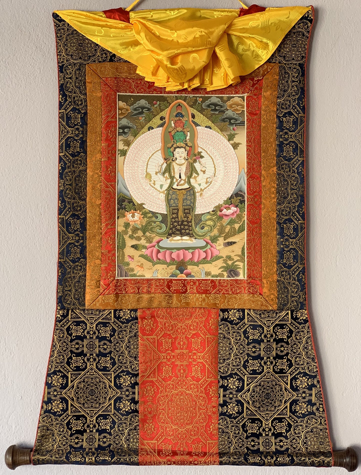 Chenrezig/ Avalokiteshvara Tibetan Thangka Painting Original Hand Painting Sacred Art with Premium Silk Border