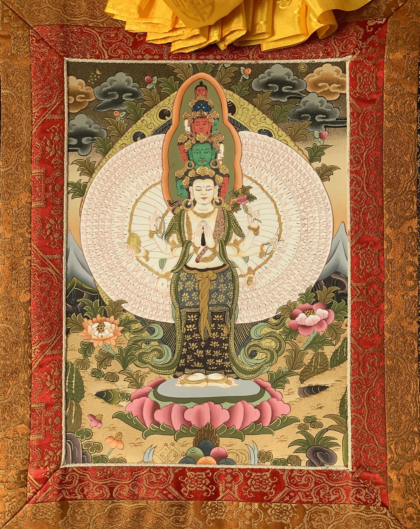 Chenrezig/ Avalokiteshvara Tibetan Thangka Painting Original Hand Painting Sacred Art with Premium Silk Border