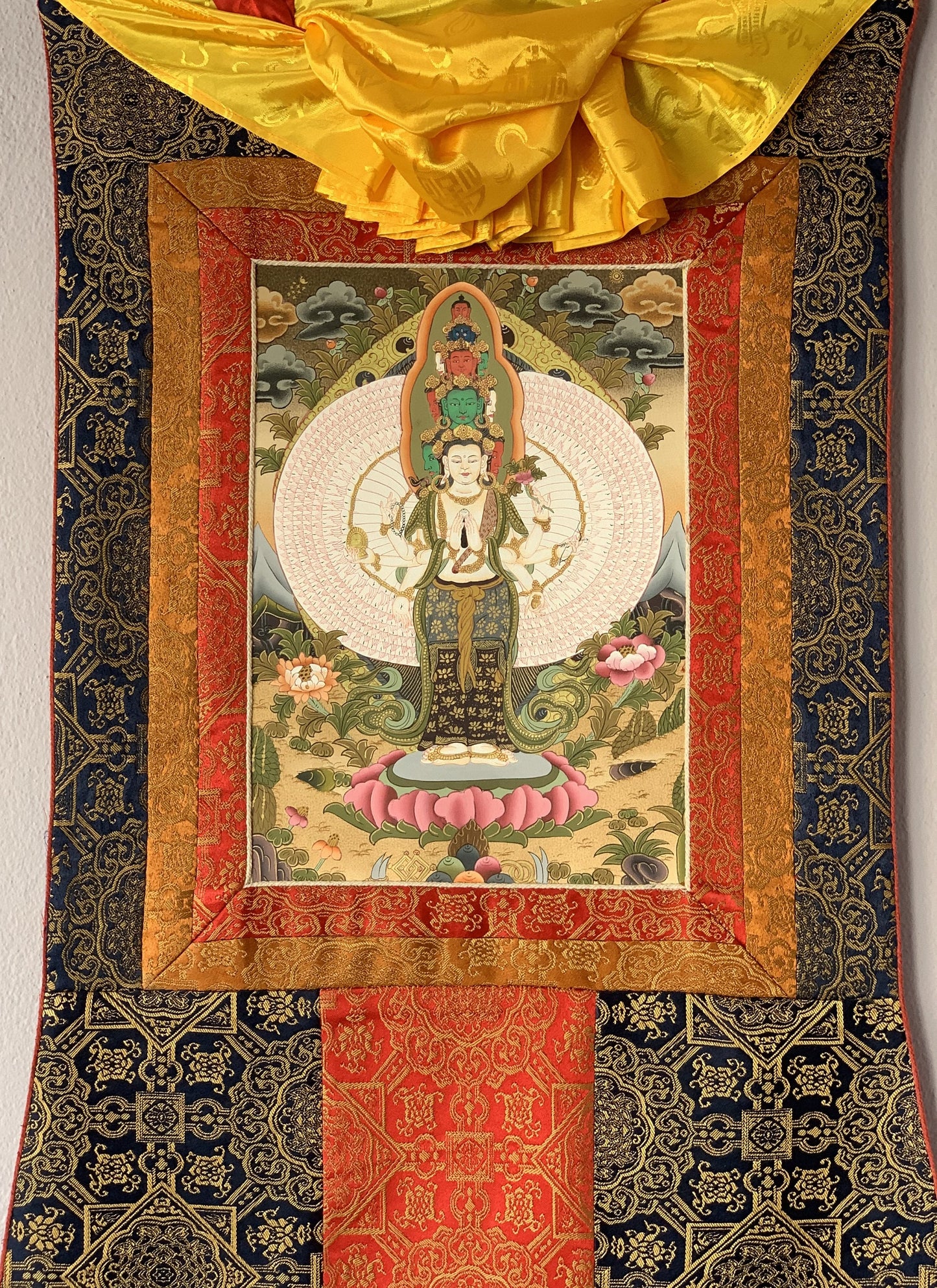 Chenrezig/ Avalokiteshvara Tibetan Thangka Painting Original Hand Painting Sacred Art with Premium Silk Border