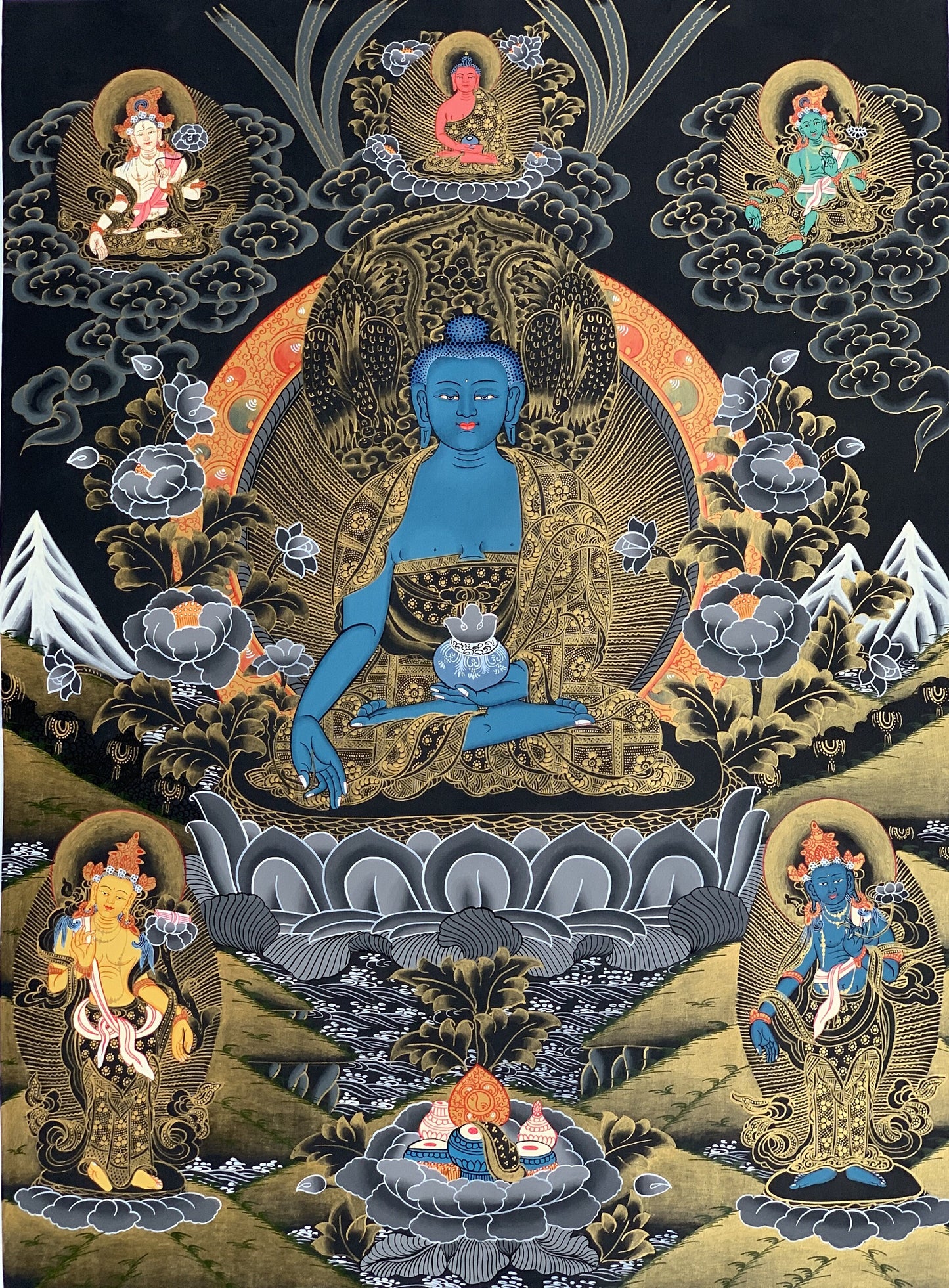 Medicine Buddha, Medicine Master, BhaisajyaGuru, Masterpiece Master Quality Original Tibetan Thangka Painting Compassion Meditation Art