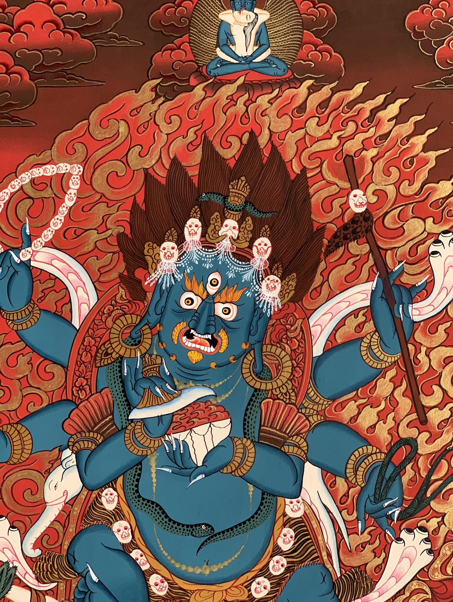 6-Armed Mahakala/ Kalabhairava Masterpiece Master Quality Original Tibetan Thangka Painting Compassion Meditation Art  20 x 27 -Inches