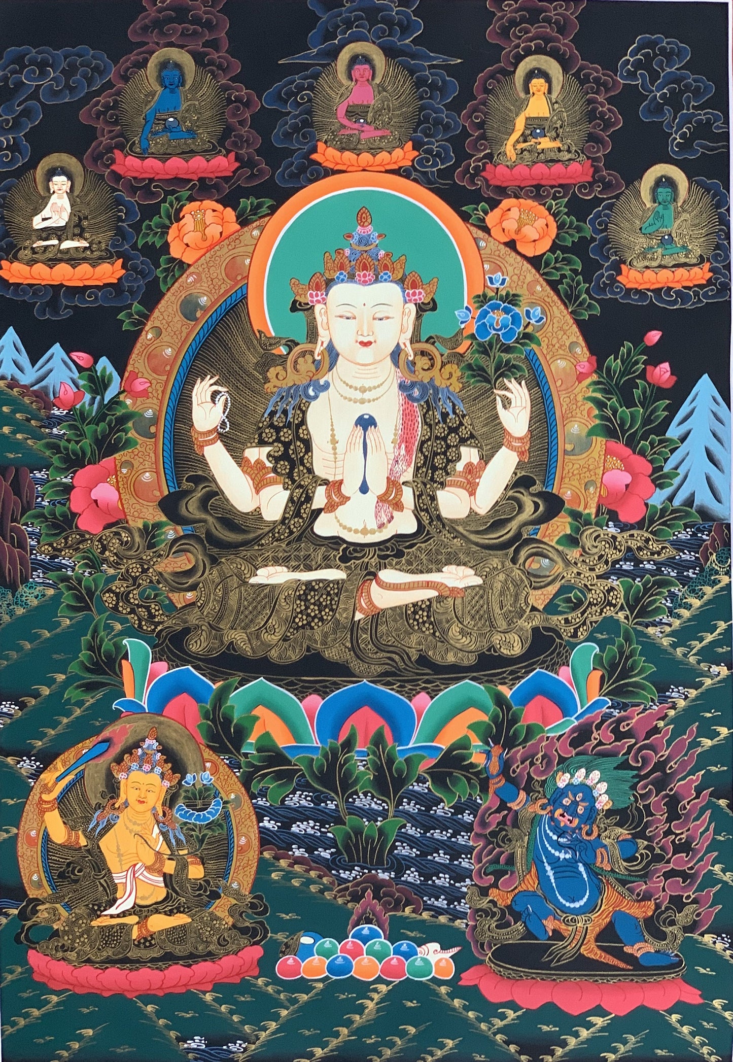 4 -Armed Chyangresi Chenrezig Avalokiteshvara Master Quality Original Tibetan Thangka Painting Compassion Meditation Art 21 x 27 Inch