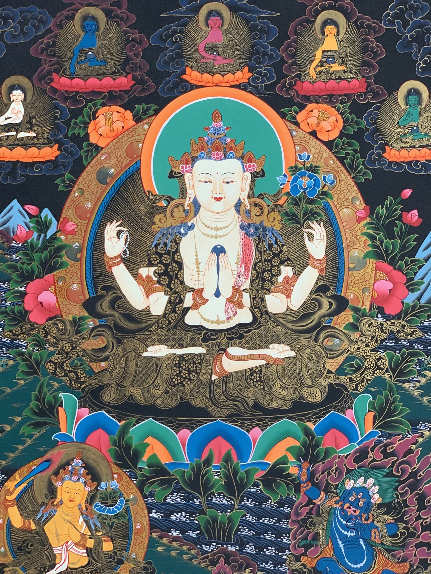 4 -Armed Chyangresi Chenrezig Avalokiteshvara Master Quality Original Tibetan Thangka Painting Compassion Meditation Art 21 x 27 Inch