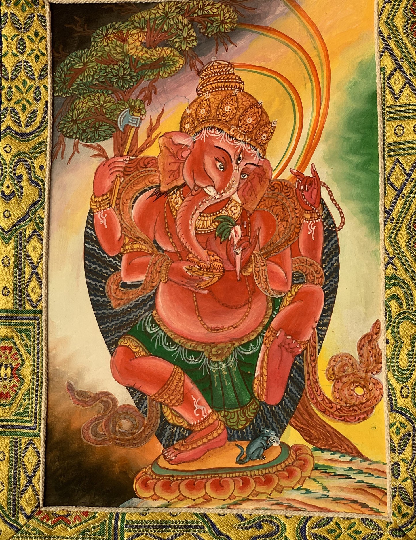 Lord Ganesha Ganesh Ganapati Vinayaka Newari Pauba Thangka Painting Original Art with Premium Silk Brocade