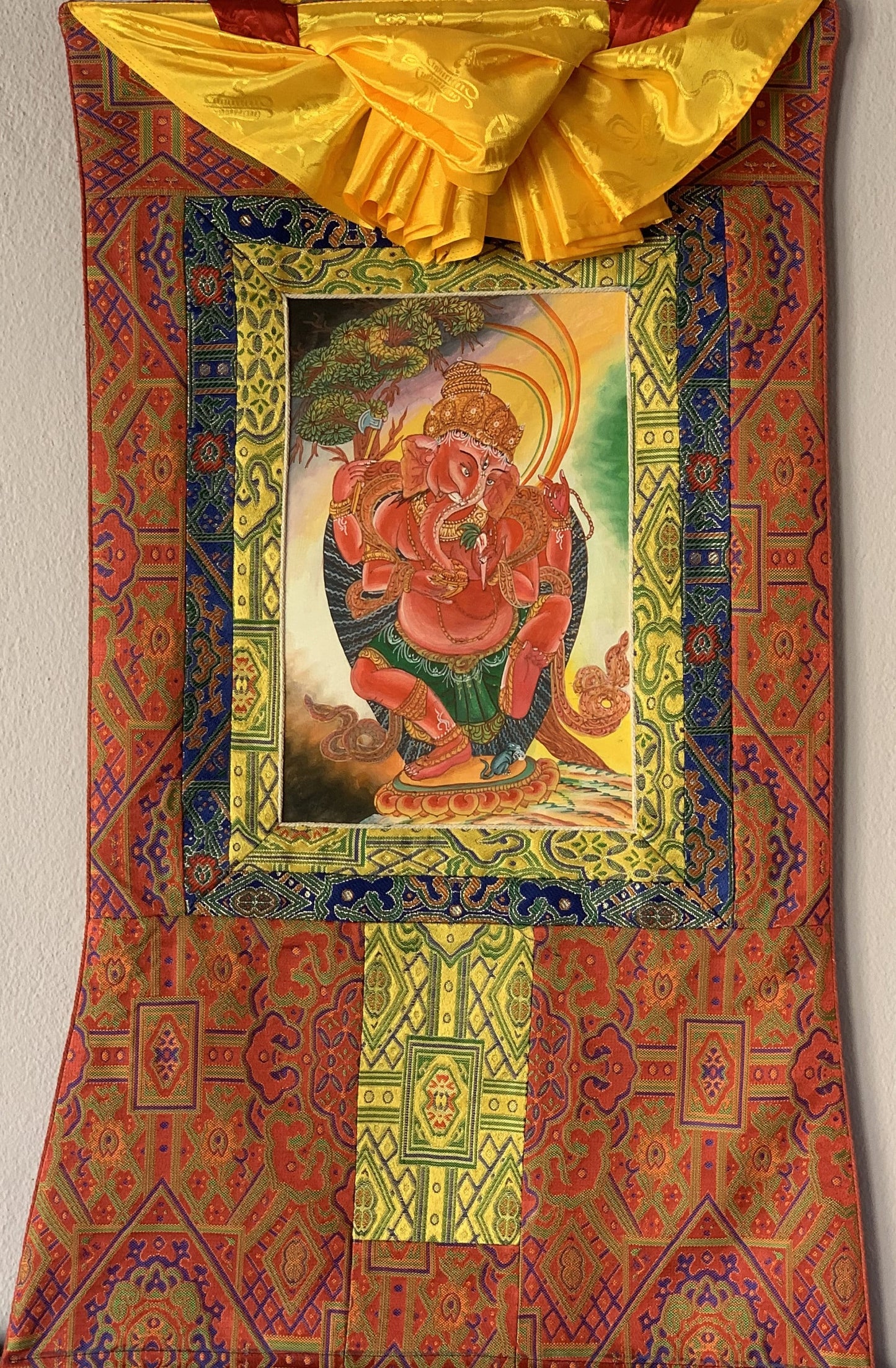 Lord Ganesha Ganesh Ganapati Vinayaka Newari Pauba Thangka Painting Original Art with Premium Silk Brocade