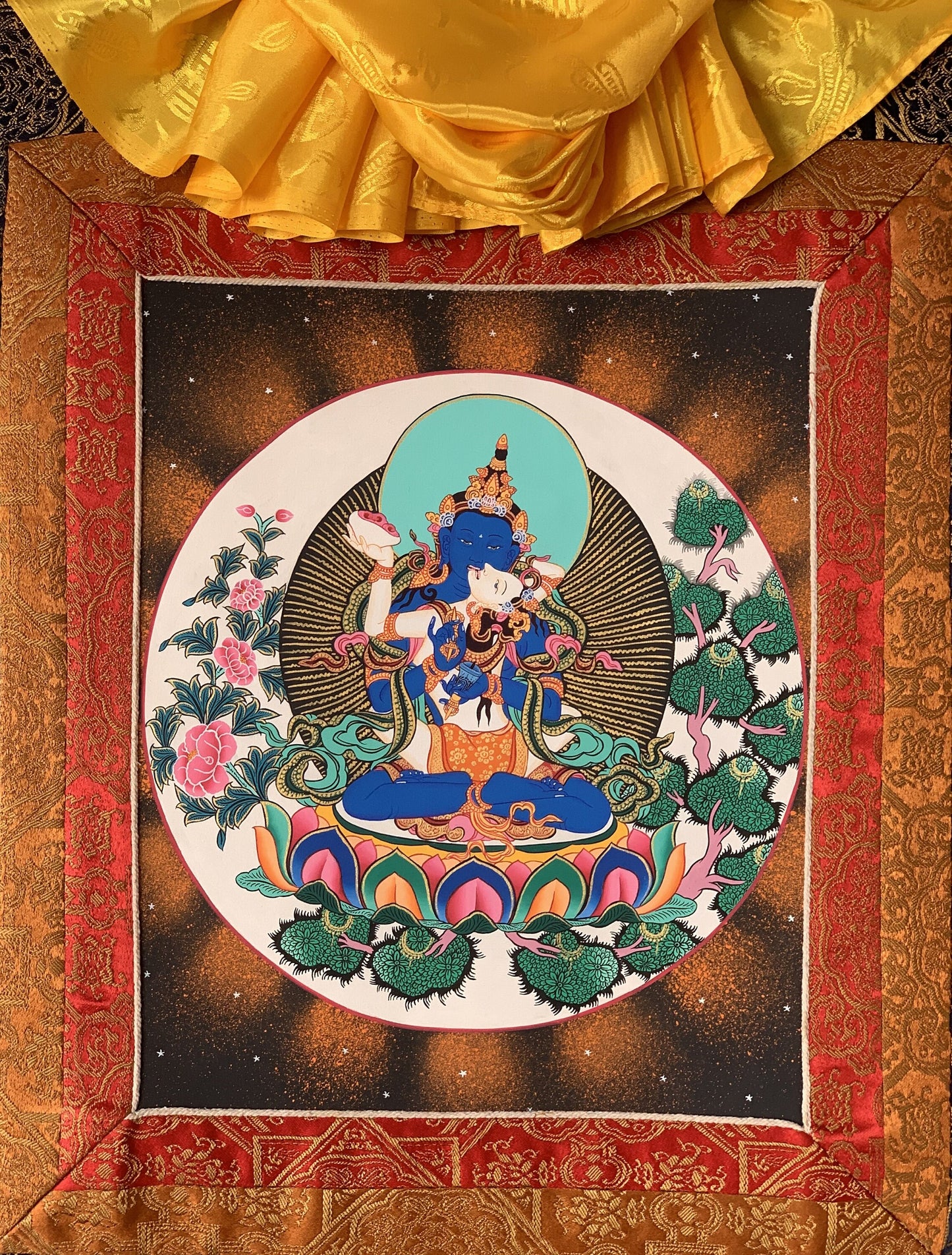 Vajradhara with Shakti  Prajnaparamita Yab Yum Master Quality Tibetan  Thangka Painting Original Art with  Premium Silk Brocade