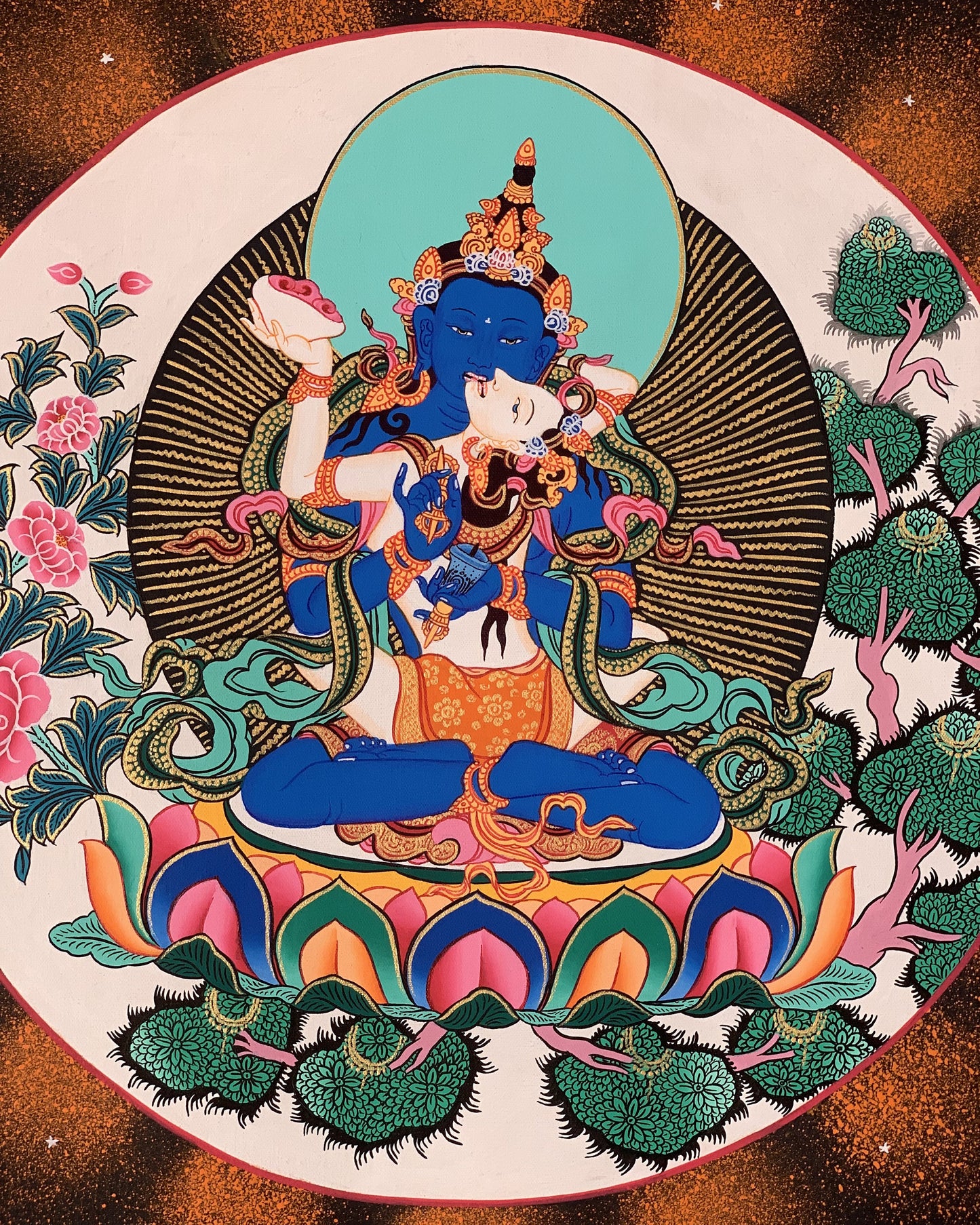 Vajradhara with Shakti  Prajnaparamita Yab Yum Master Quality Tibetan  Thangka Painting Original Art with  Premium Silk Brocade