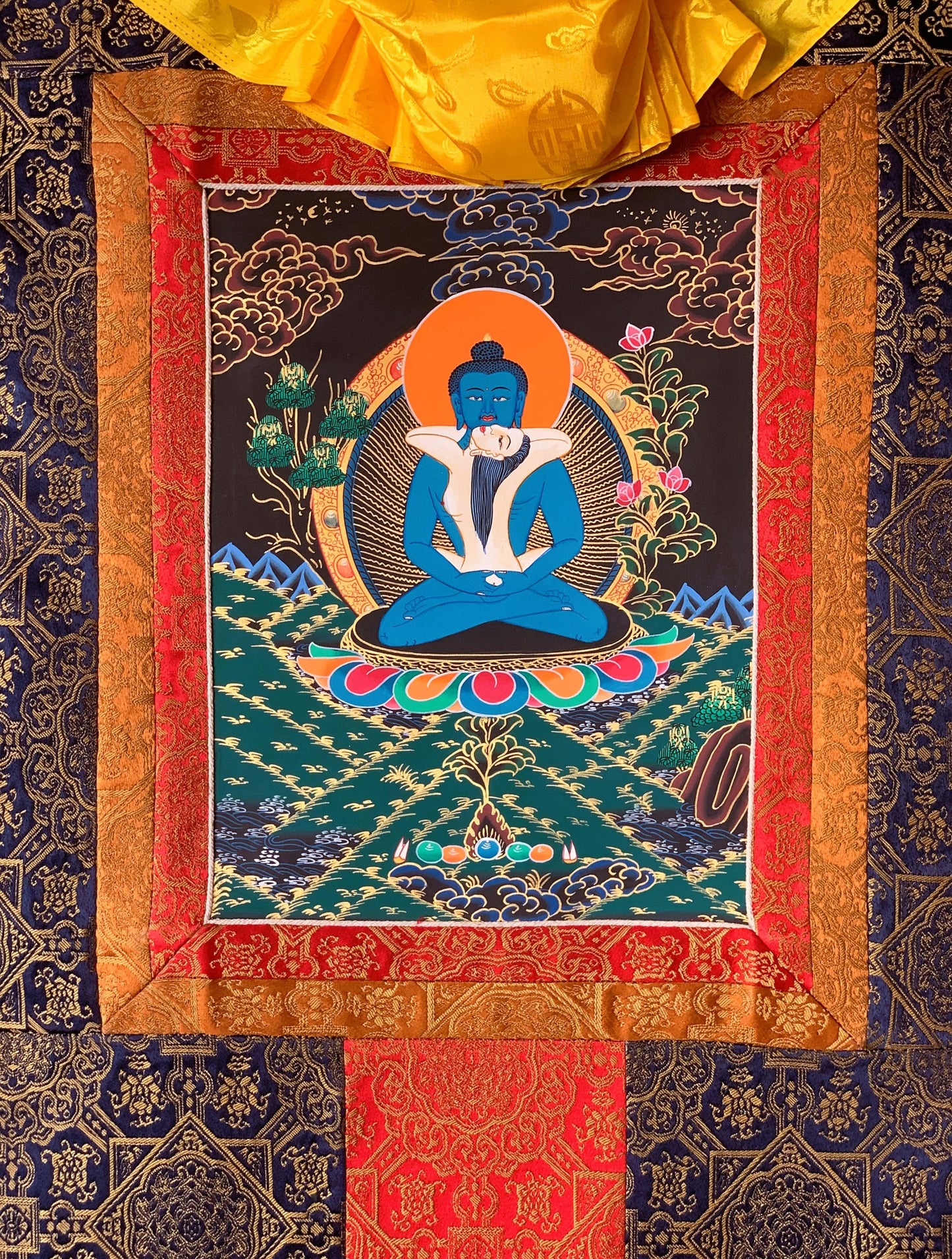 Hand Painted Buddha Shakti Samantabhadra Tibetan Thangka Painting Original Art with Premium Silk Brocade