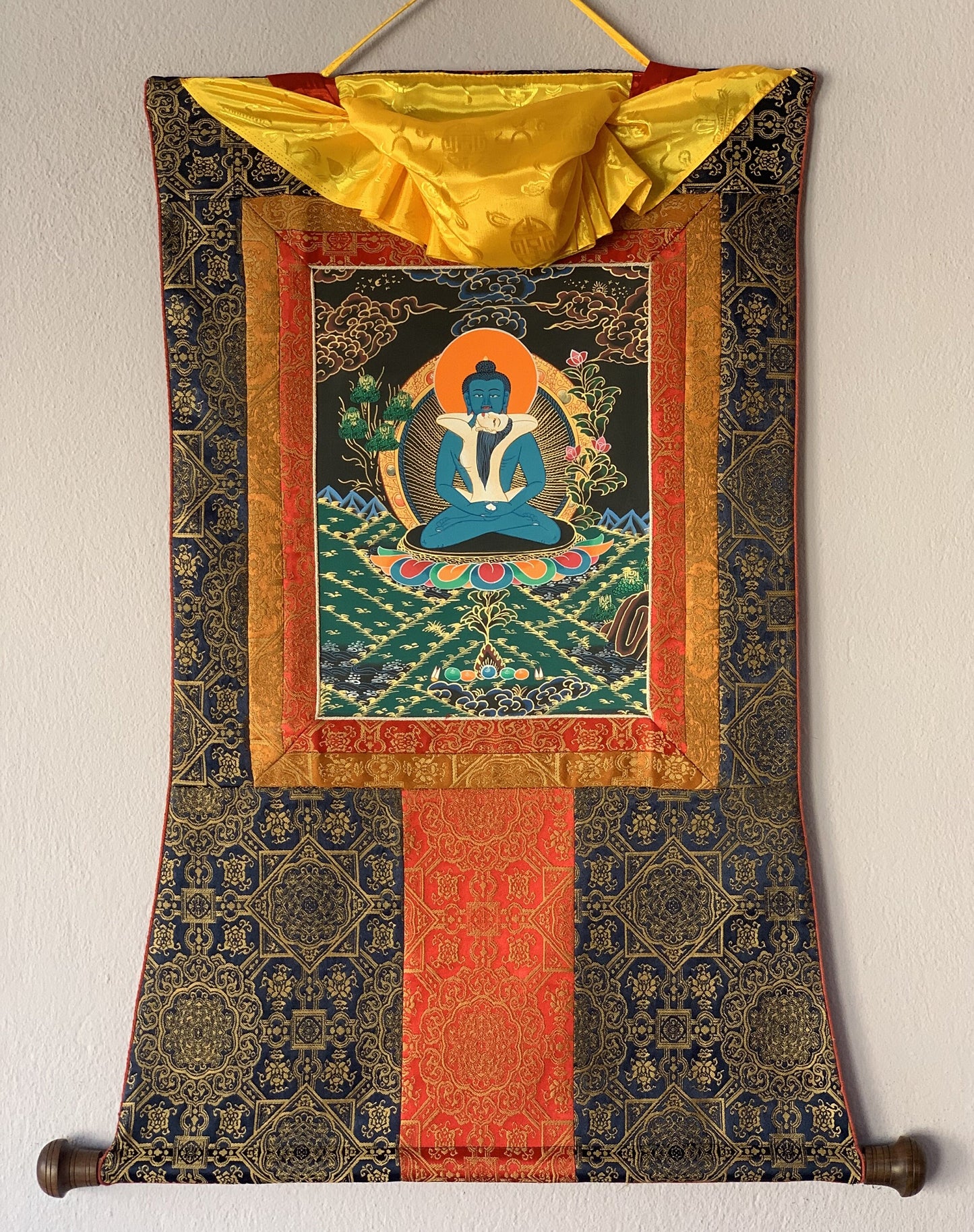 Hand Painted Buddha Shakti Samantabhadra Tibetan Thangka Painting Original Art with Premium Silk Brocade