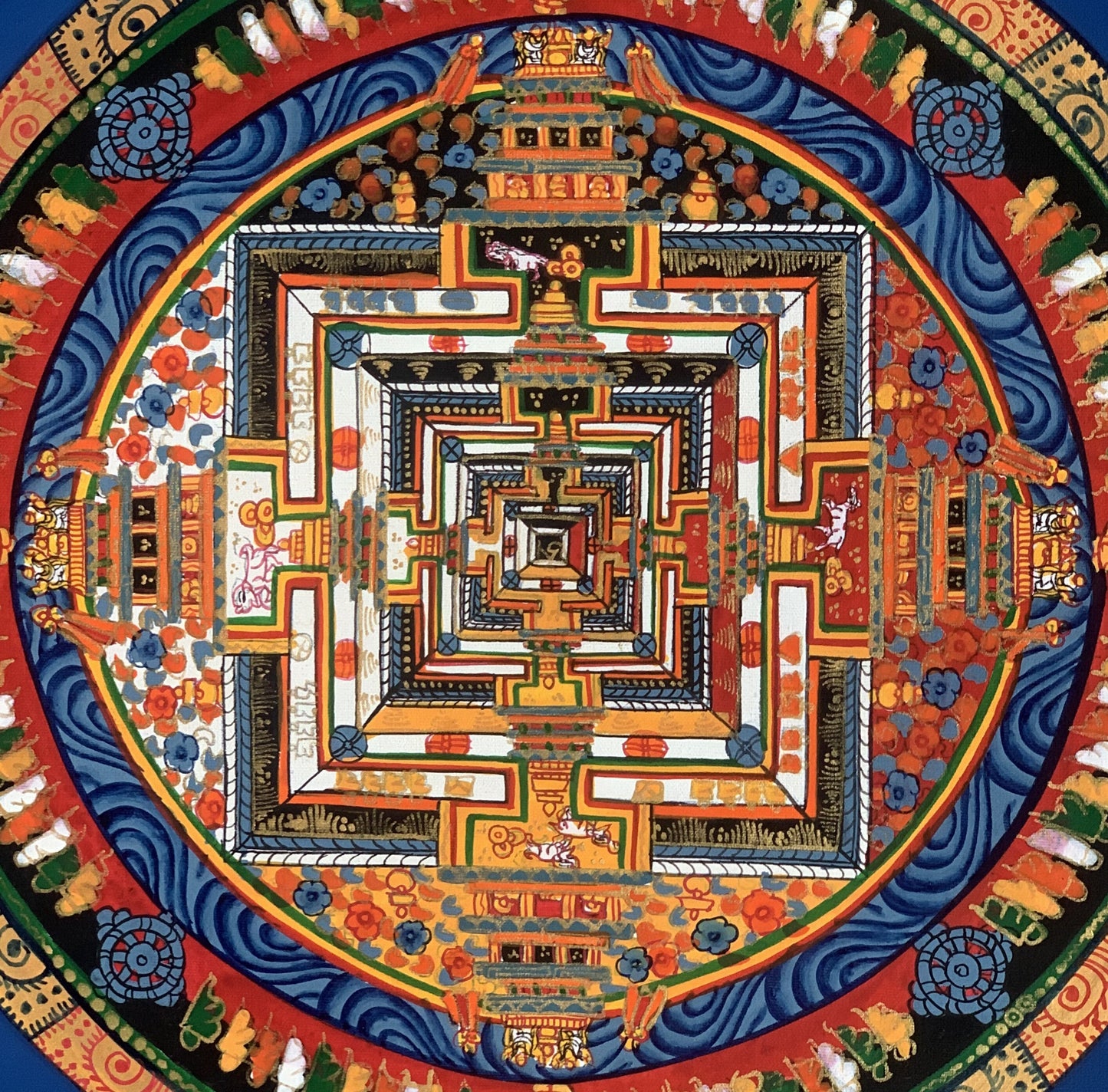 Wheel of Life, Wheel of Time, Kalachakra Mantra Mandala Hand Painted Original Tibetan Thangka Meditation Art  12 x 12 Inch