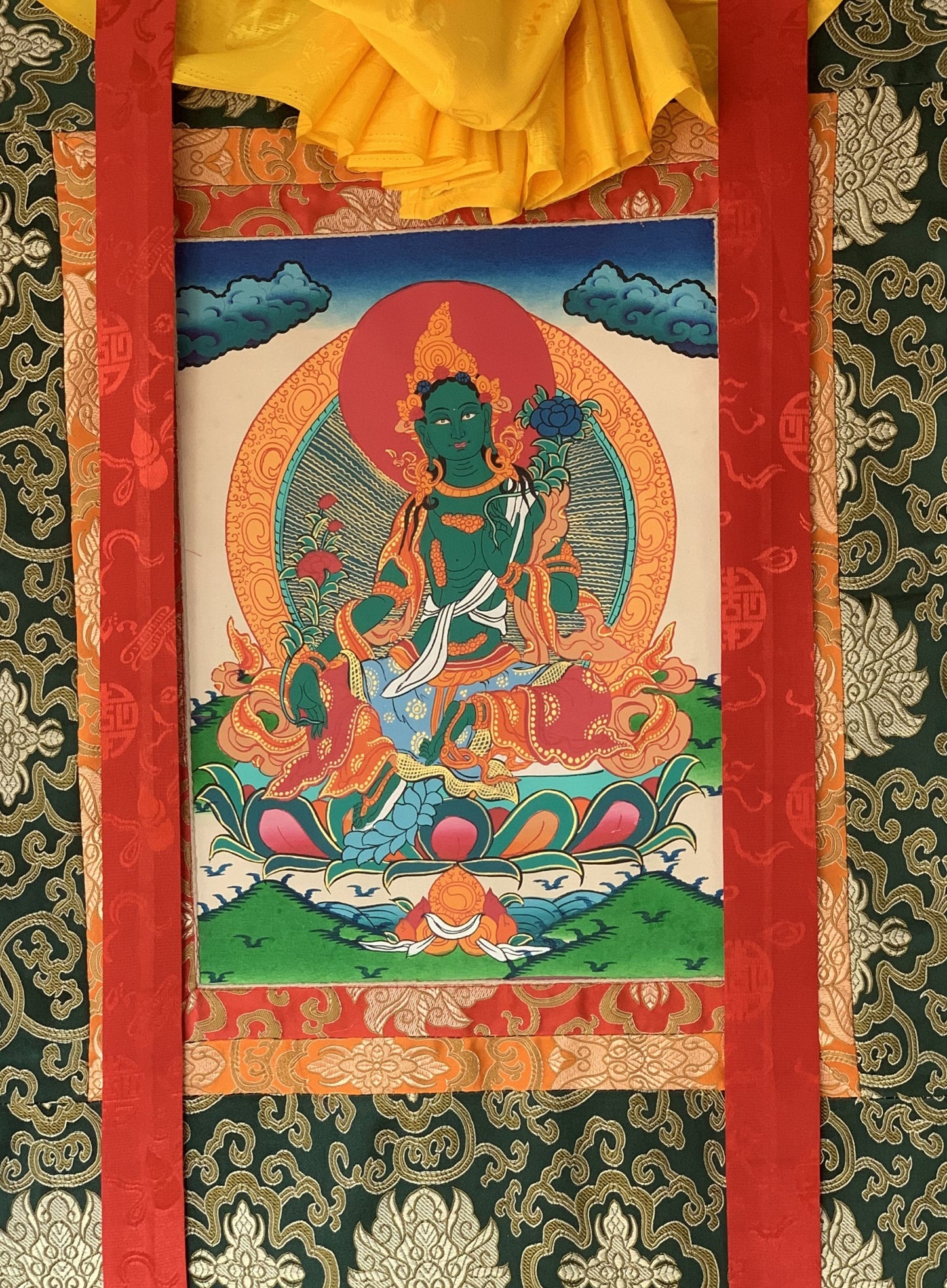 Green Tara/ Shyamatara Tibetan Thangka Painting Original Art  with Silk Frame ( Brocade)