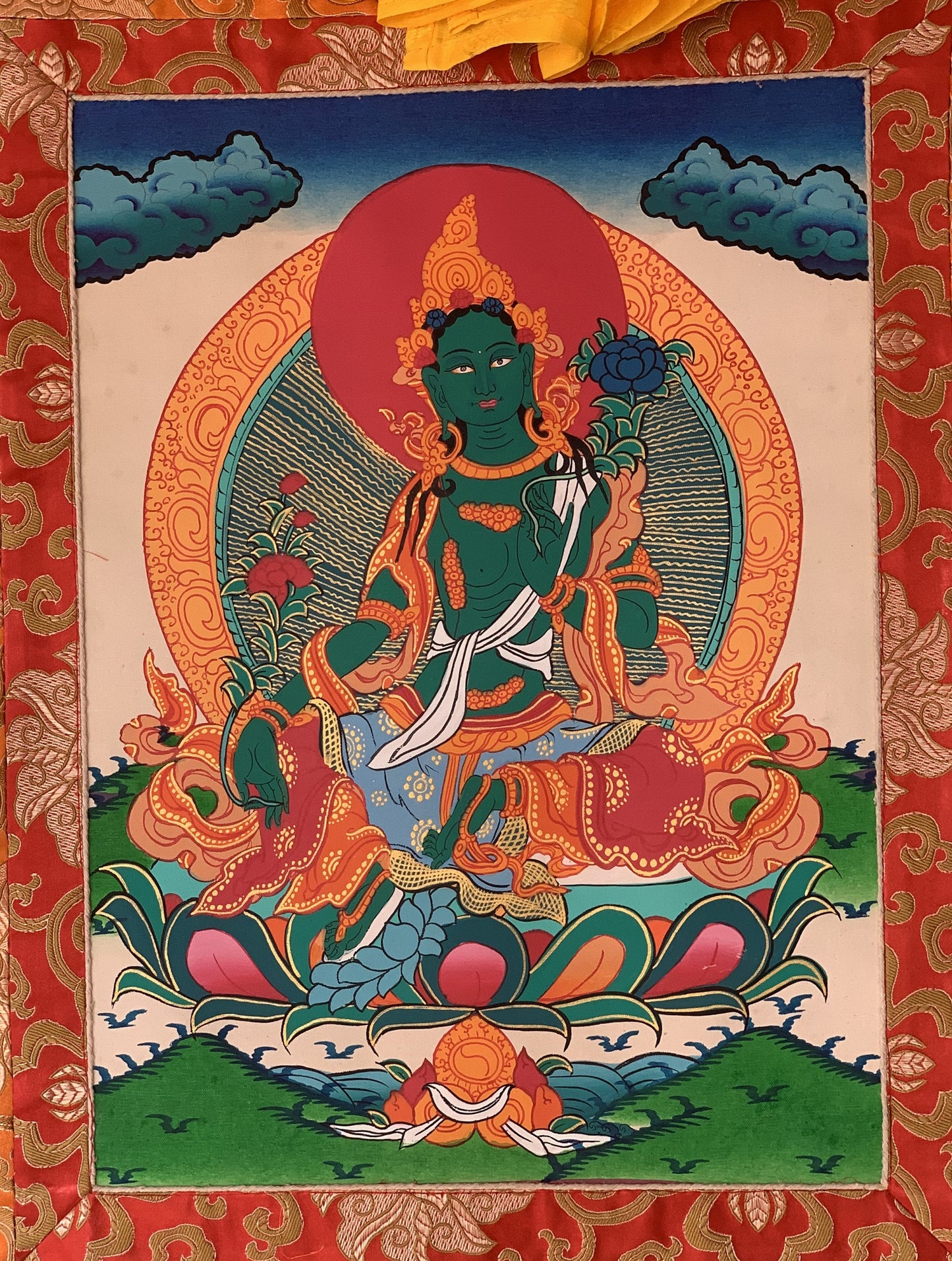 Green Tara/ Shyamatara Tibetan Thangka Painting Original Art  with Silk Frame ( Brocade)