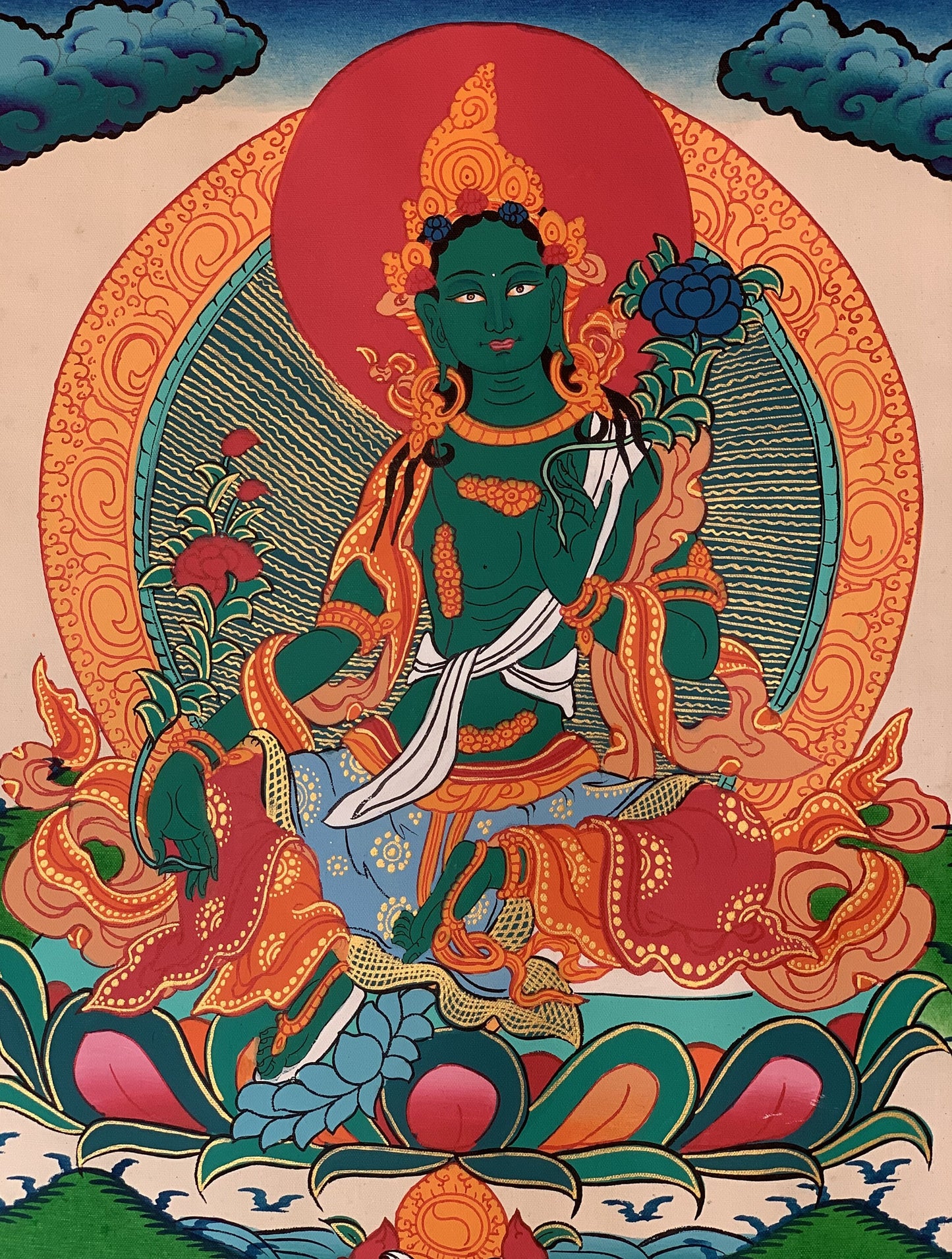 Green Tara/ Shyamatara Tibetan Thangka Painting Original Art  with Silk Frame ( Brocade)