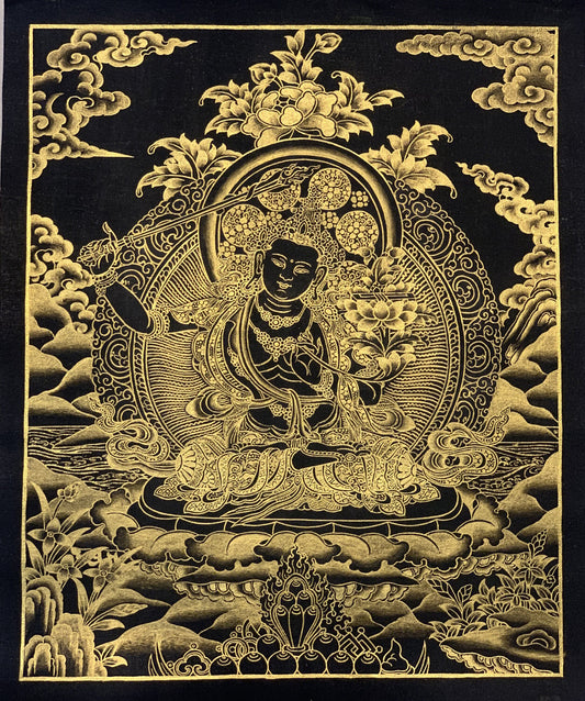 Manjushri/ Manjusri/Manjushree Black and Gold Original Hand-painted Tibetan Thangka Compassion Meditation Art