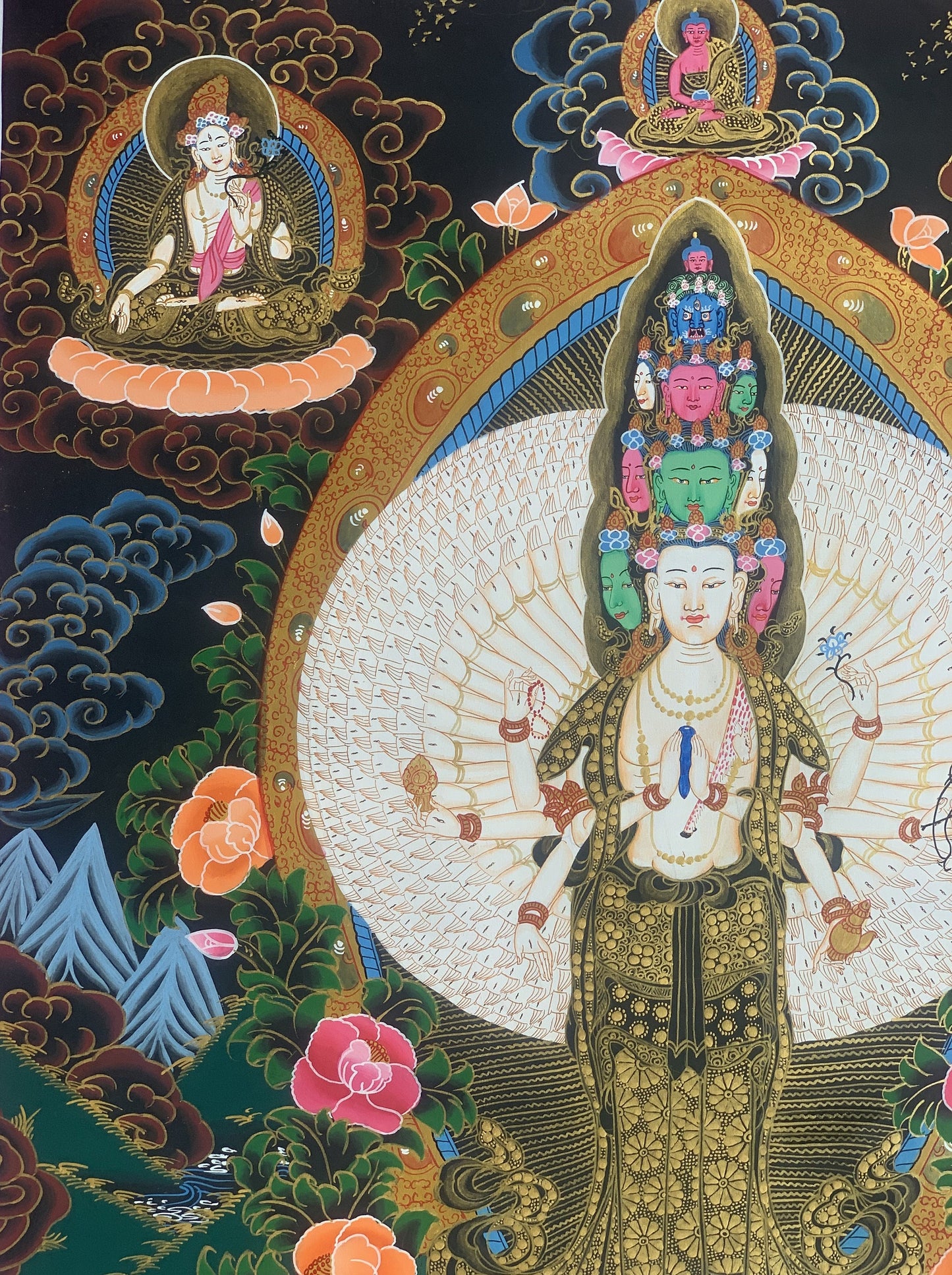 1000 Armed Sahastrabhuja Avalokitesvara Chyangresi Chenrezig Thangka Painting Hand Painting Original Art 20 x 27-Inches