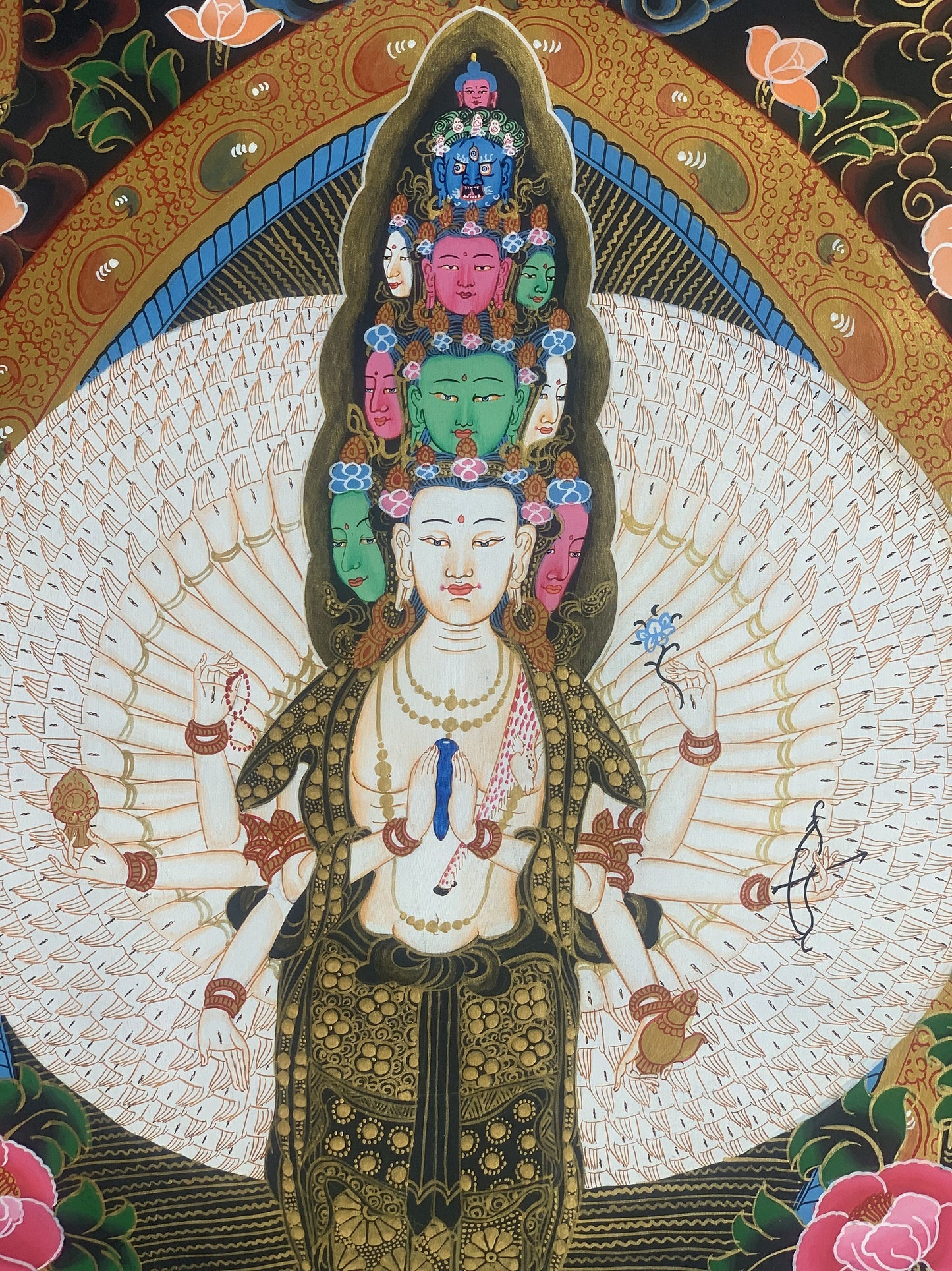 1000 Armed Sahastrabhuja Avalokitesvara Chyangresi Chenrezig Thangka Painting Hand Painting Original Art 20 x 27-Inches