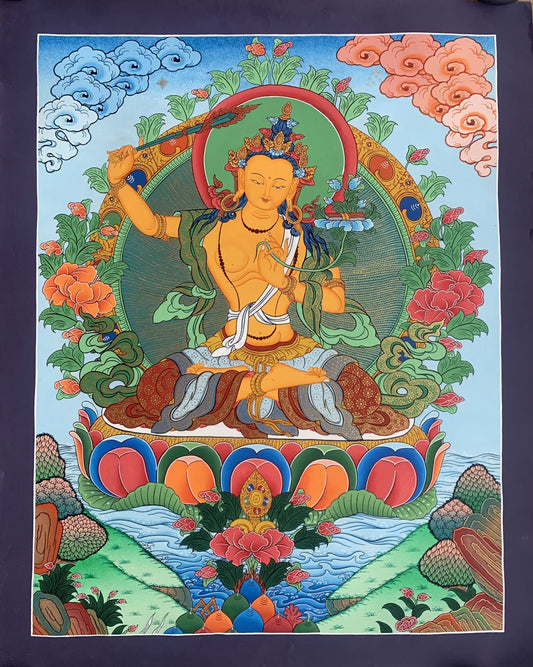 Manjushri/ Manjusri/ Manjushree Master Quality Hand-painted Original Tibetan Thangka Painting Meditation Art  18 x 24- Inch