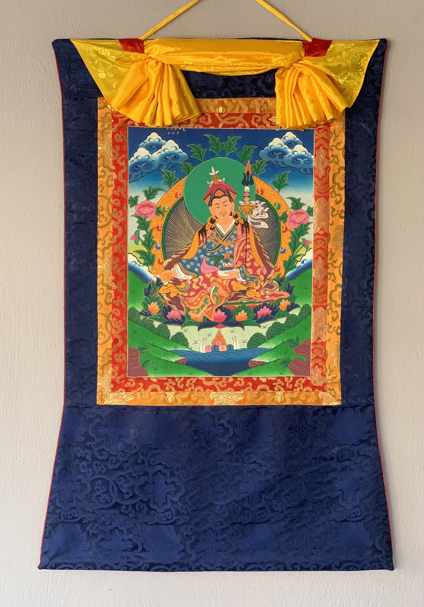 Padmasambhava, Guru Rinpoche Tibetan Thangka Painting Original Hand Painting/Art with Silk Brocade