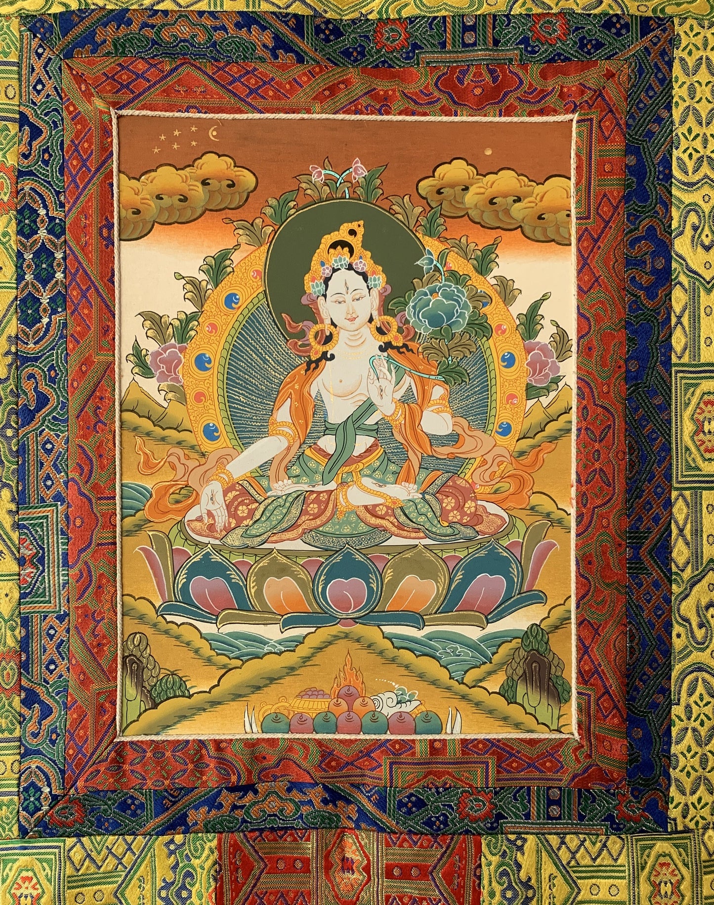 White Tara Sitatara Goddess of Compassion Tibetan Thangka Painting, Original Art with Silk Brocade