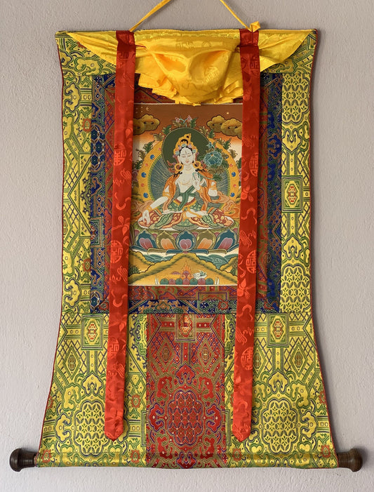 White Tara Sitatara Goddess of Compassion Tibetan Thangka Painting, Original Art with Silk Brocade