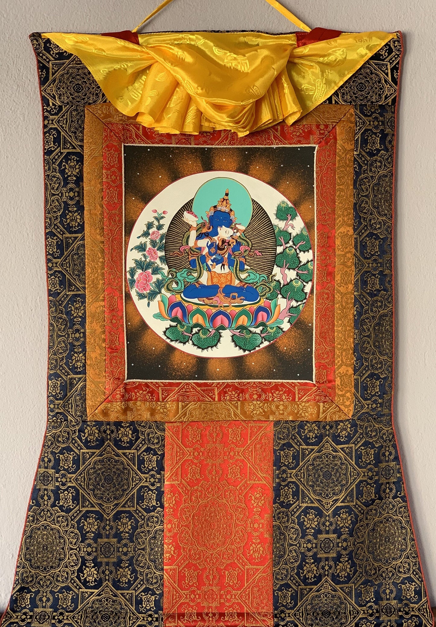 Vajradhara with Shakti  Prajnaparamita Yab Yum Master Quality Tibetan  Thangka Painting Original Art with  Premium Silk Brocade