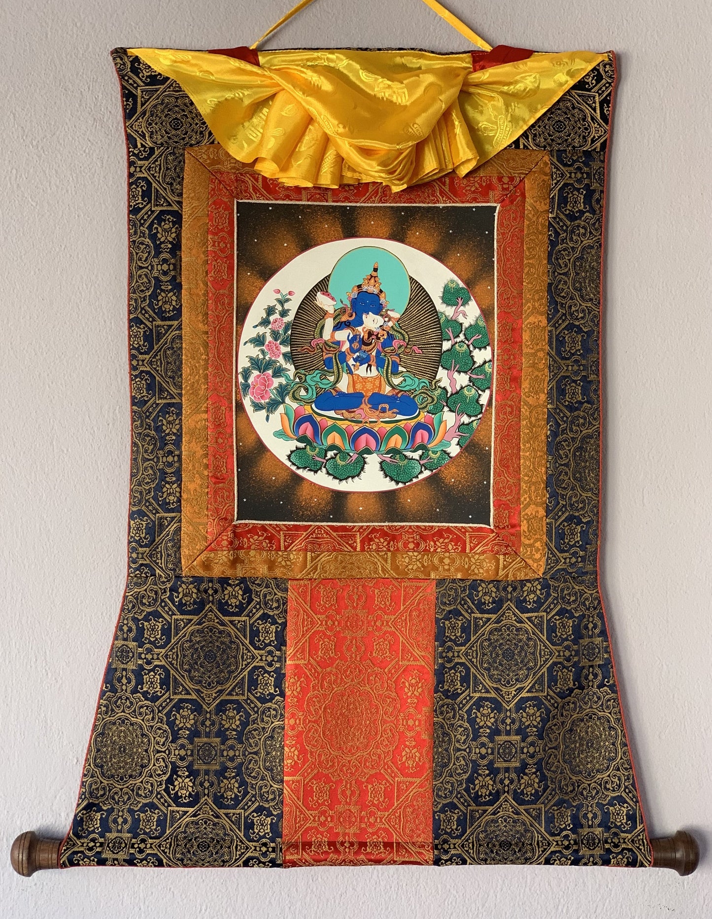 Vajradhara with Shakti  Prajnaparamita Yab Yum Master Quality Tibetan  Thangka Painting Original Art with  Premium Silk Brocade