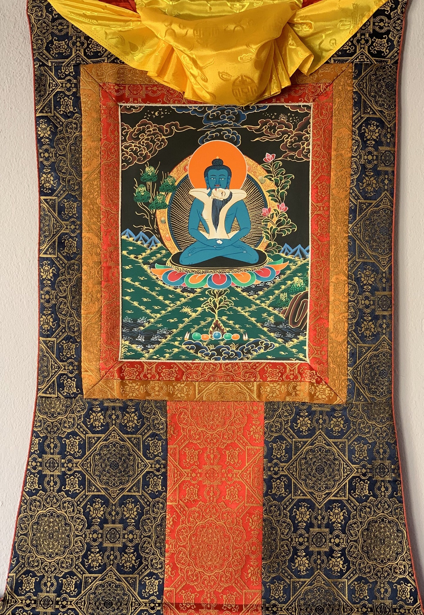 Hand Painted Buddha Shakti Samantabhadra Tibetan Thangka Painting Original Art with Premium Silk Brocade