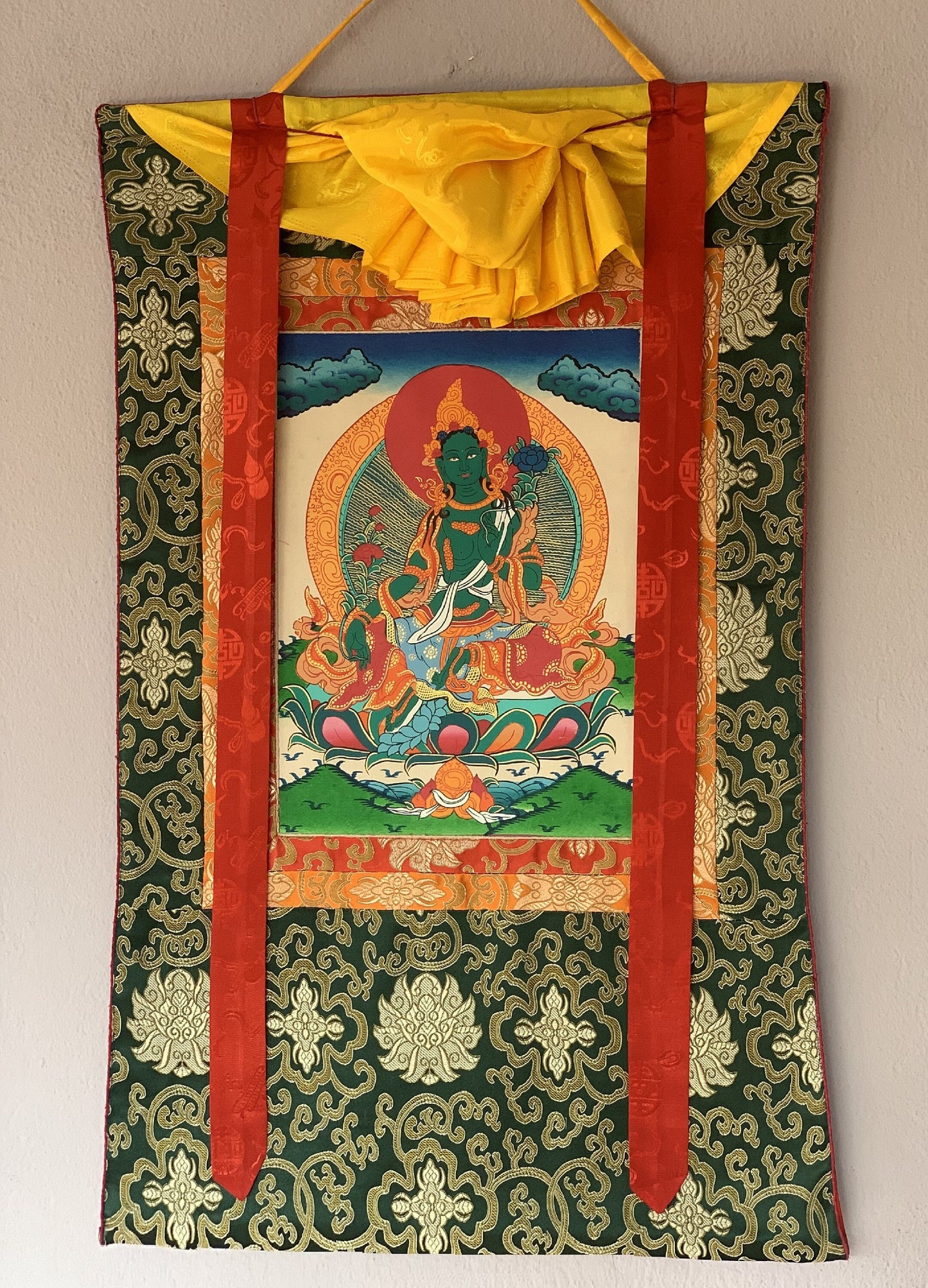 Green Tara/ Shyamatara Tibetan Thangka Painting Original Art  with Silk Frame ( Brocade)