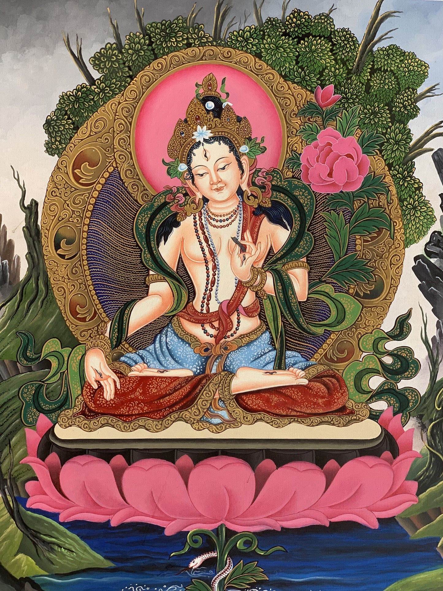 White Tara Mother Tara Compassion Goddess Masterpiece Master Quality Newari Paubha/Pauva Thangka  Painting Original Art  15 x 20 Inch