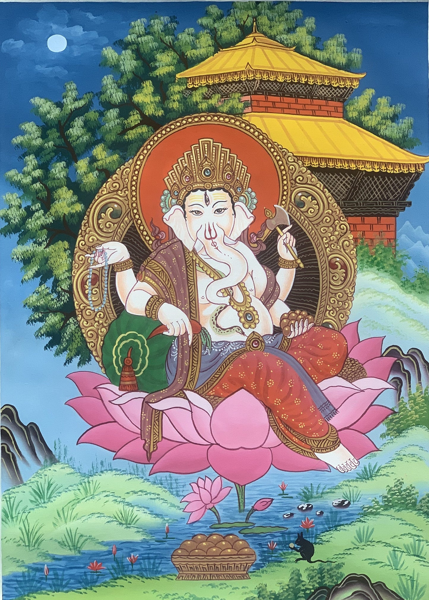 Lord Ganesha Ganesh Ganapati Vinayaka Master Quality Newari Paubha/Pauva Thangka Painting Original Hand Painted Art from Nepal