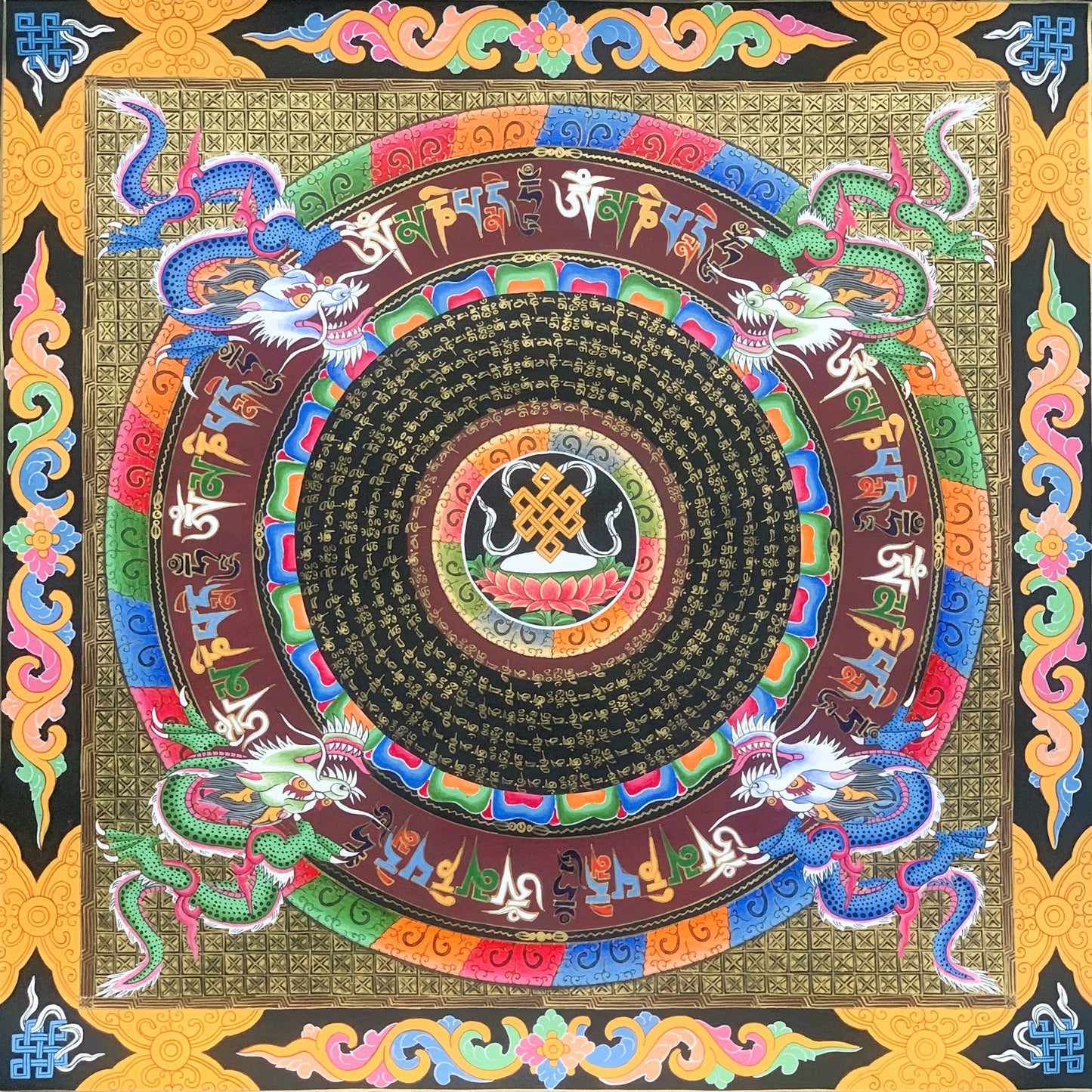 Astamangala  Dragon and Om Mantra Mandala Tibetan Thangka Painting Original Meditation Art