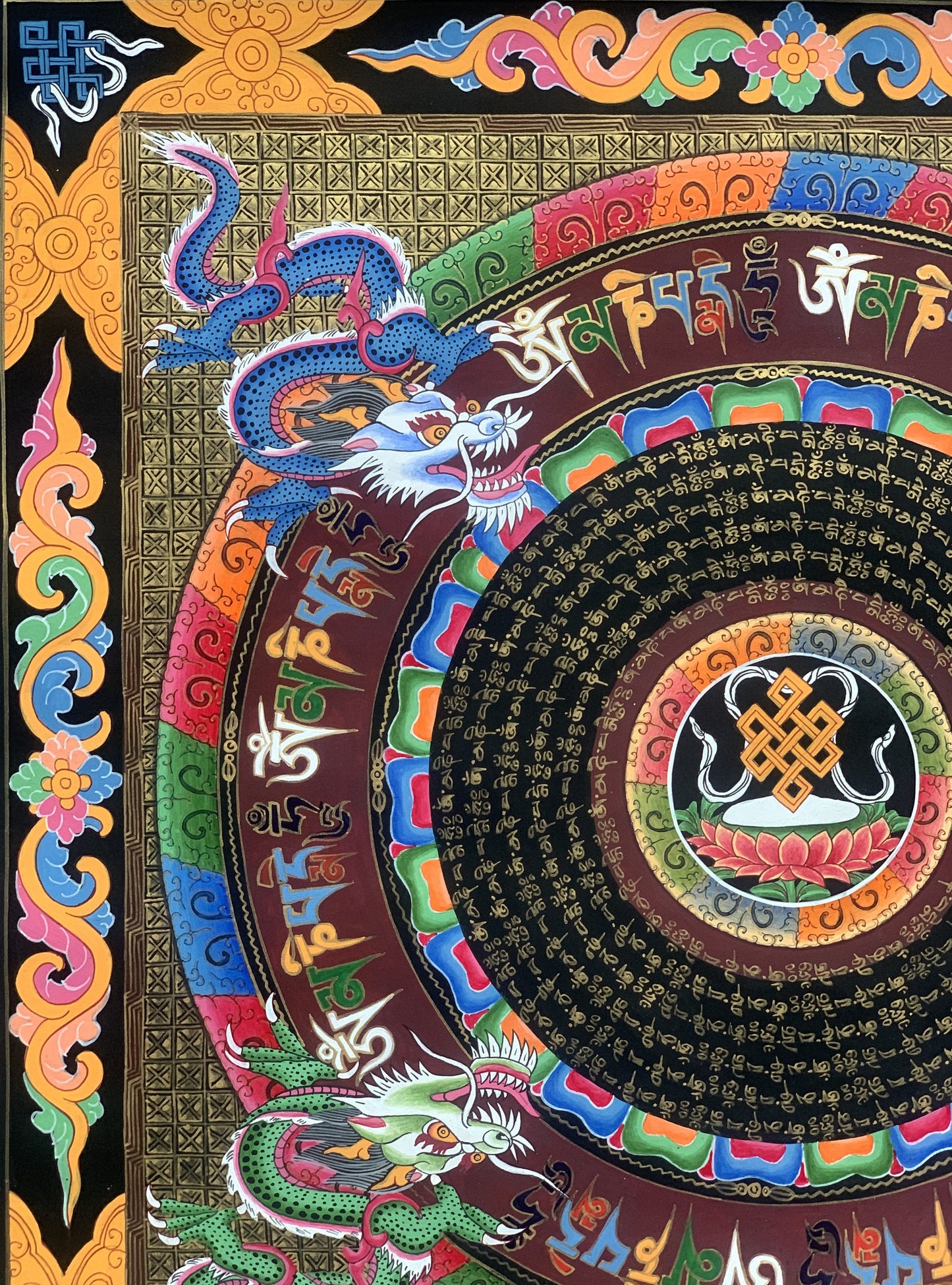 Astamangala  Dragon and Om Mantra Mandala Tibetan Thangka Painting Original Meditation Art