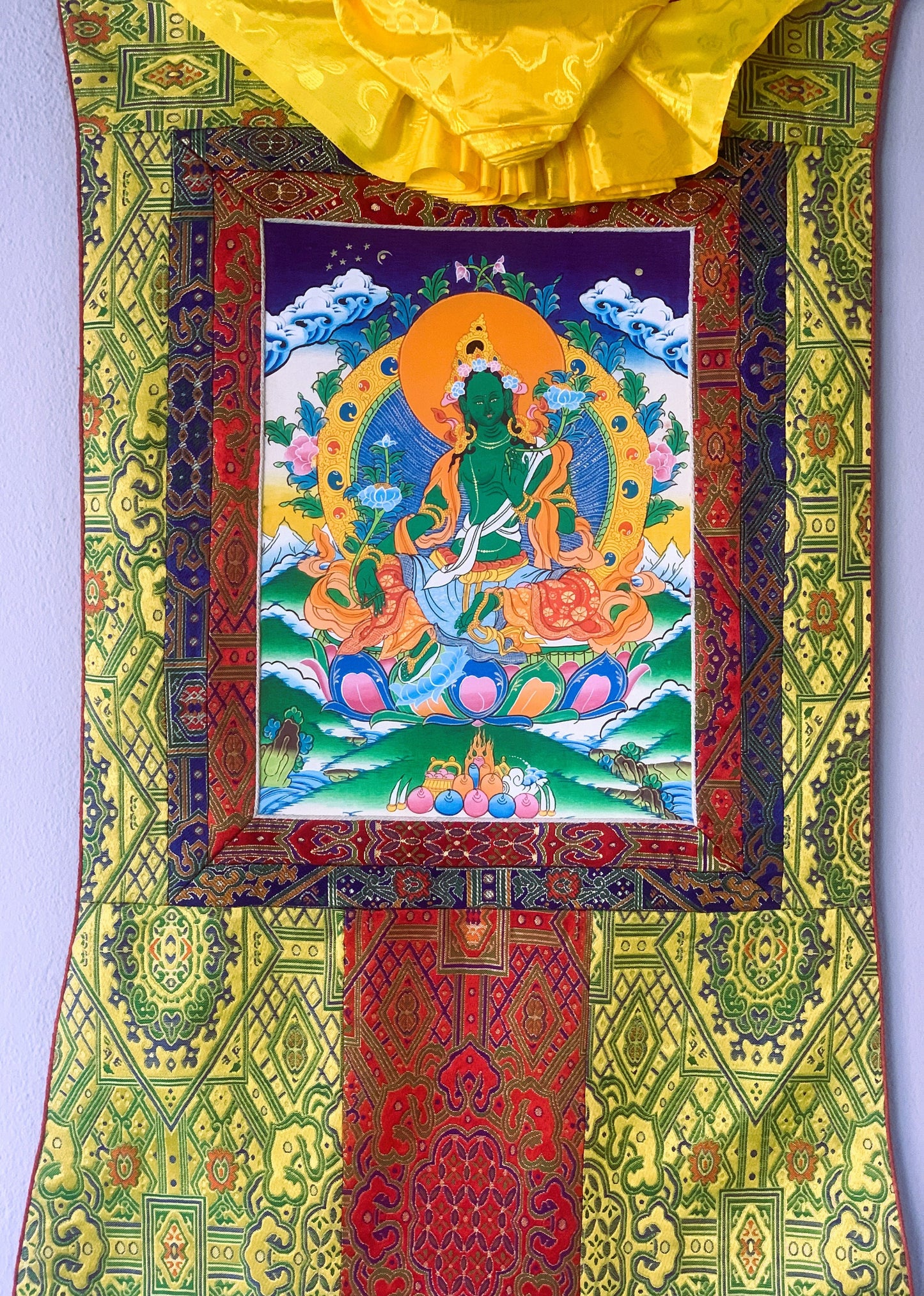 Green Tara/ Shyamatara Mother Goddess Tibetan Thangka Painting Original Hand Painting with Premium Silk Brocade