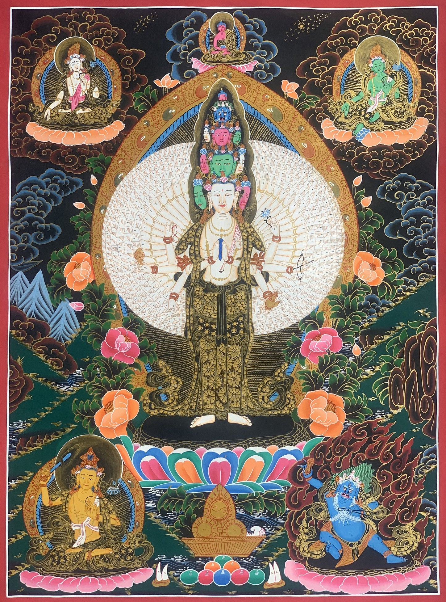 1000 Armed Sahastrabhuja Avalokitesvara Chyangresi Chenrezig Thangka Painting Hand Painting Original Art 20 x 27-Inches