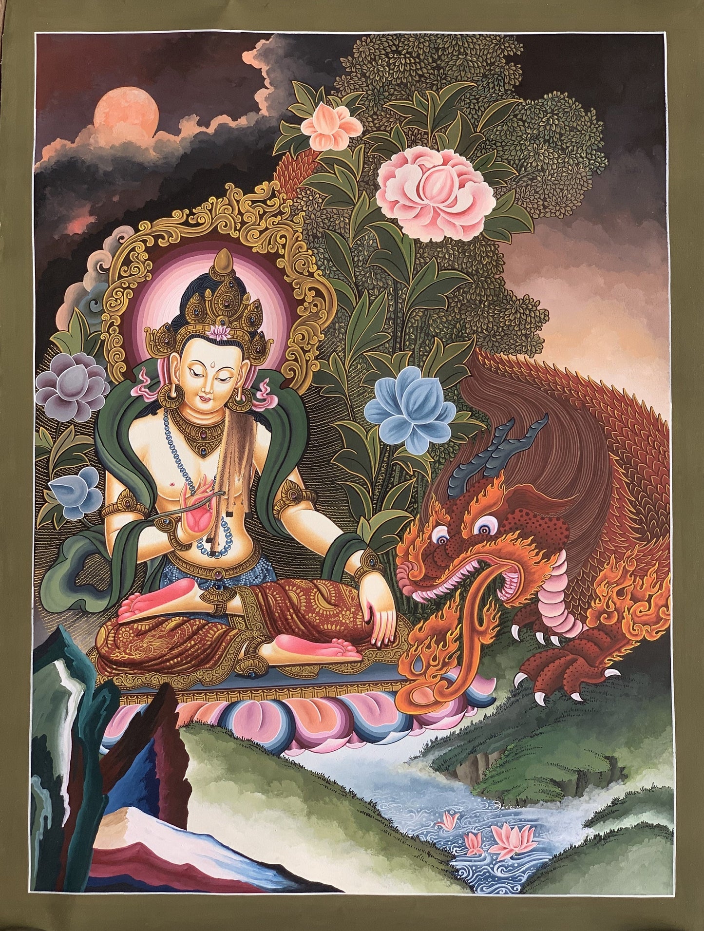 Manjushri/ Manjusri/ Manjushree High-Quality Original Masterpiece Newari Pauva/Paubha Thangka Painting Meditation Art 18 x 24 -Inch