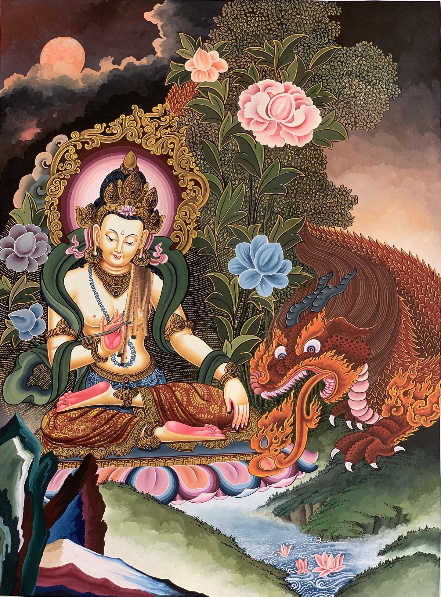 Manjushri/ Manjusri/ Manjushree God of wisdom Original Masterpiece Newari Pauva/Paubha Thangka Painting Meditation Art  from Kathmandu