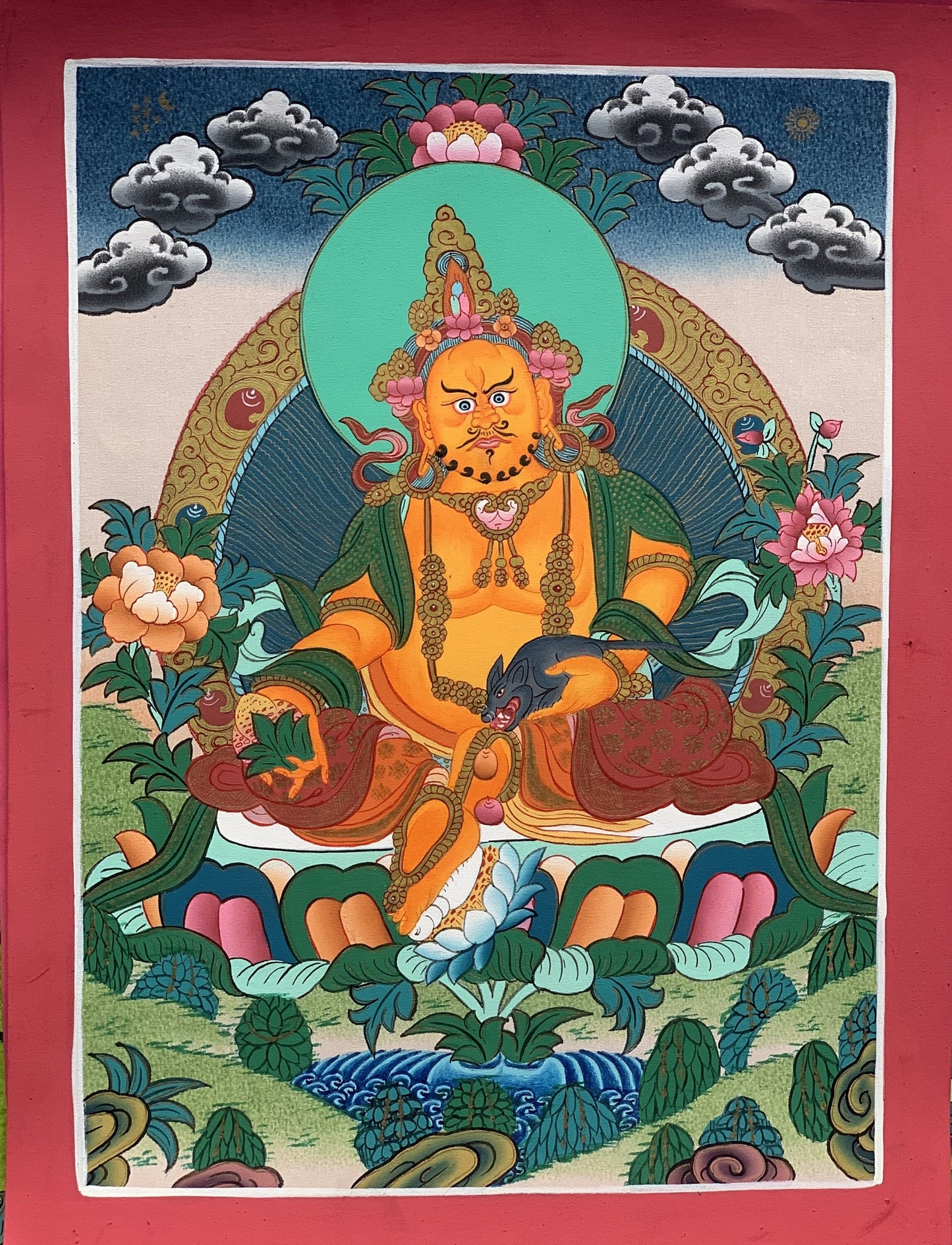 Jambhala Dzambala Zambala God of Wealth Master Quality Tibetan Thangka Painting Original Art  10 x 13 Inch