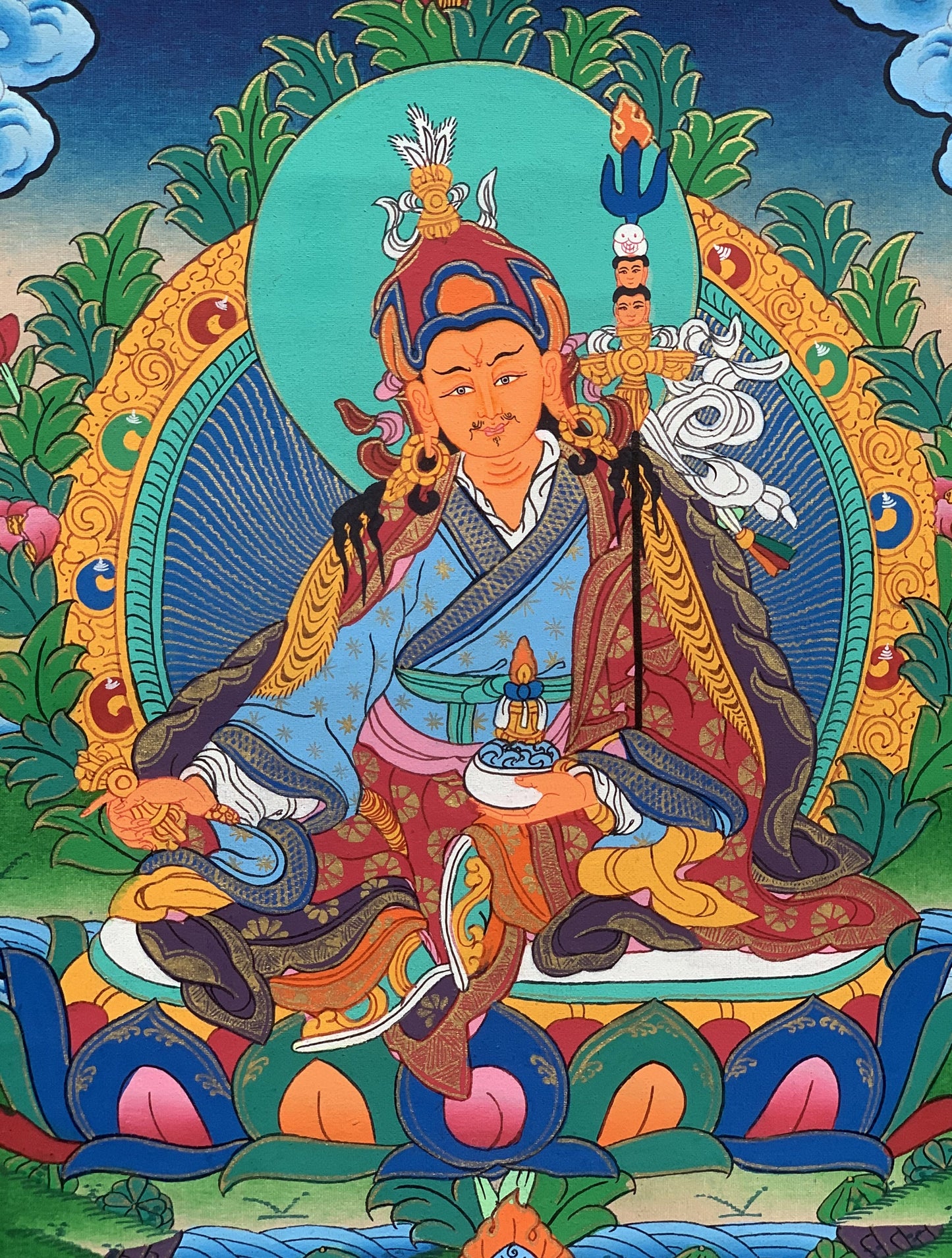 Padmasambhava Guru Rinpoche Tibetan Tibetan Thangka Painting Original Hand Painting/ Art  11 x 15-Inch