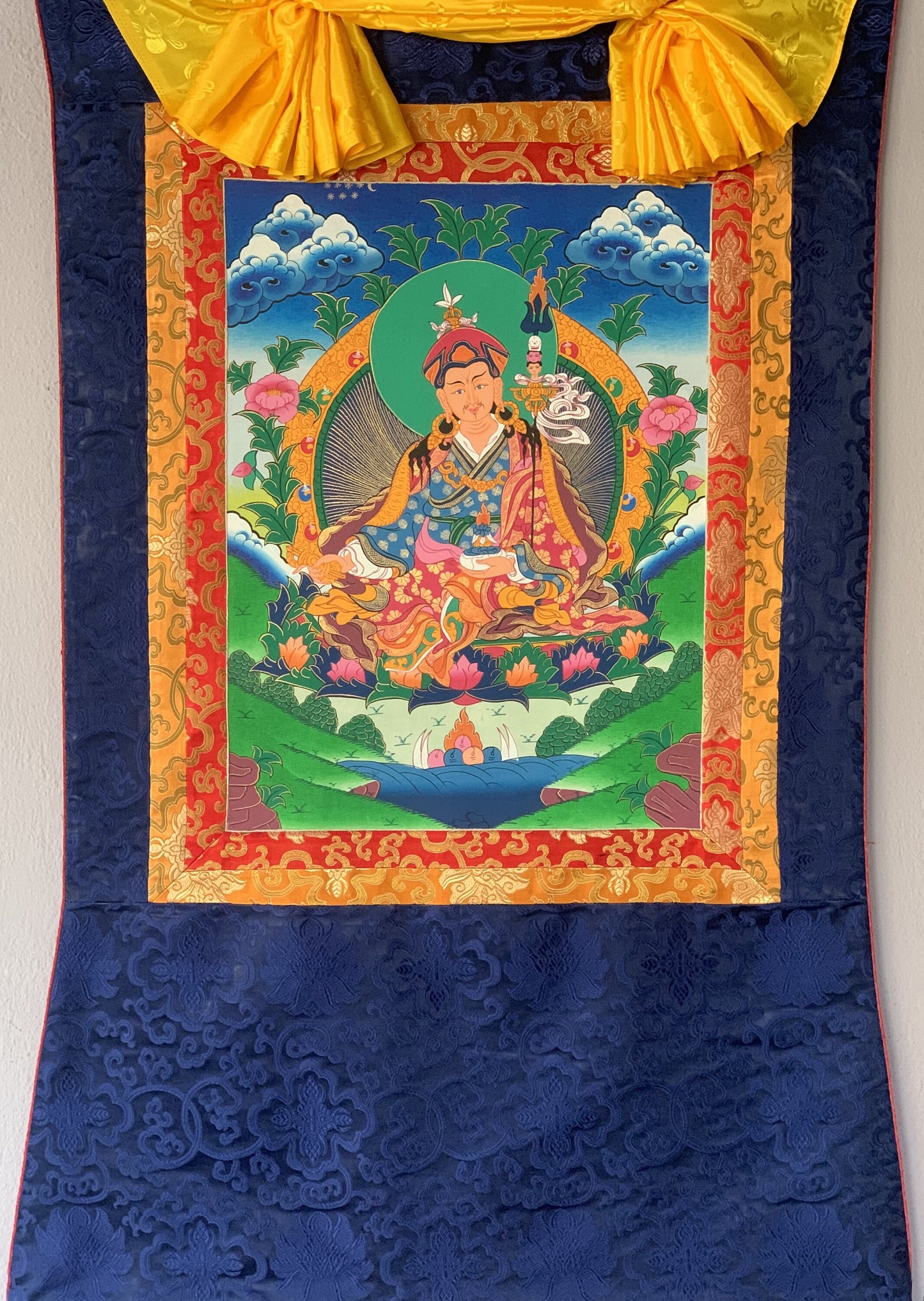 Padmasambhava, Guru Rinpoche Tibetan Thangka Painting Original Hand Painting/Art with Silk Brocade