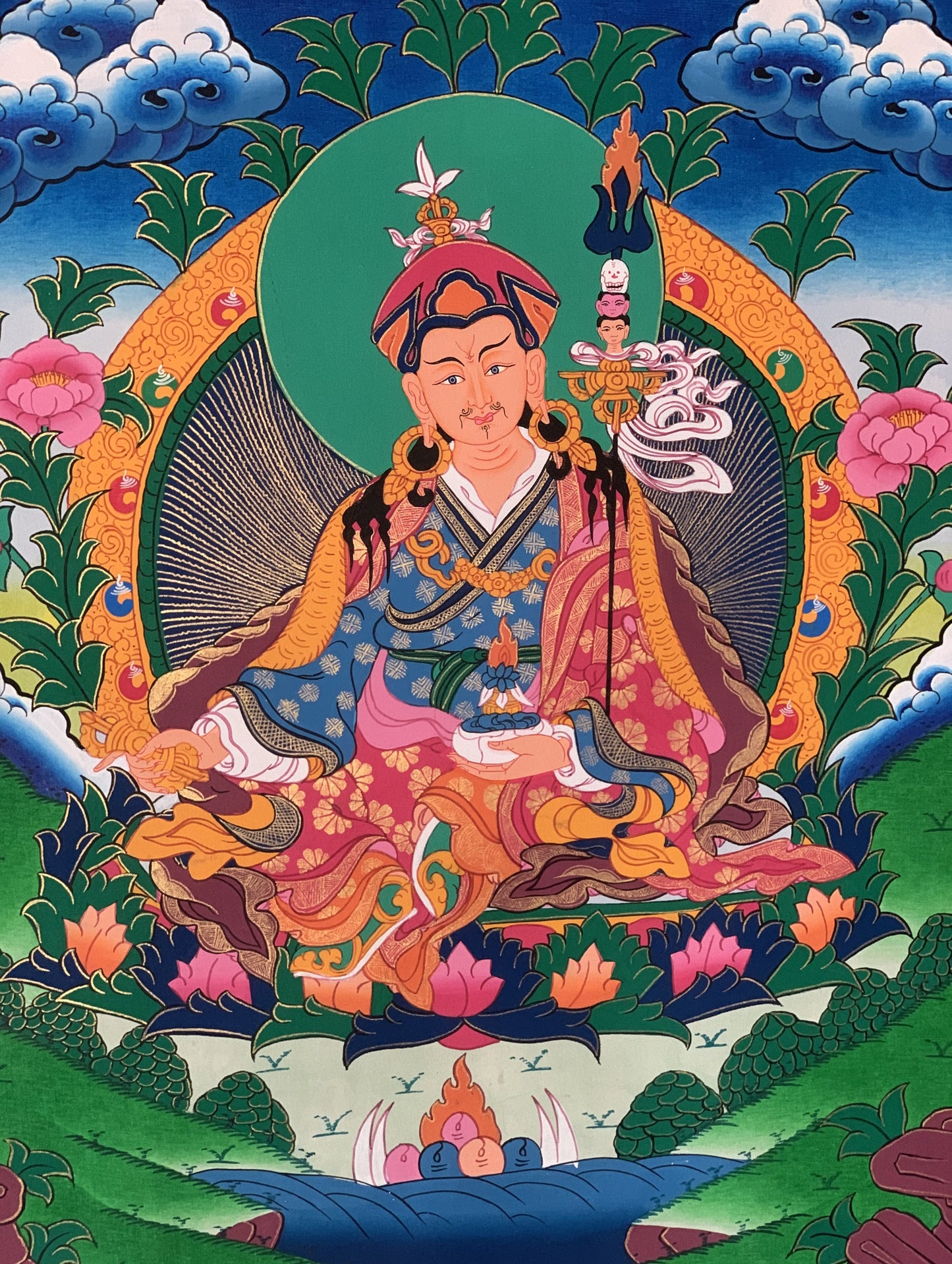 Padmasambhava, Guru Rinpoche Tibetan Thangka Painting Original Hand Painting/Art with Silk Brocade