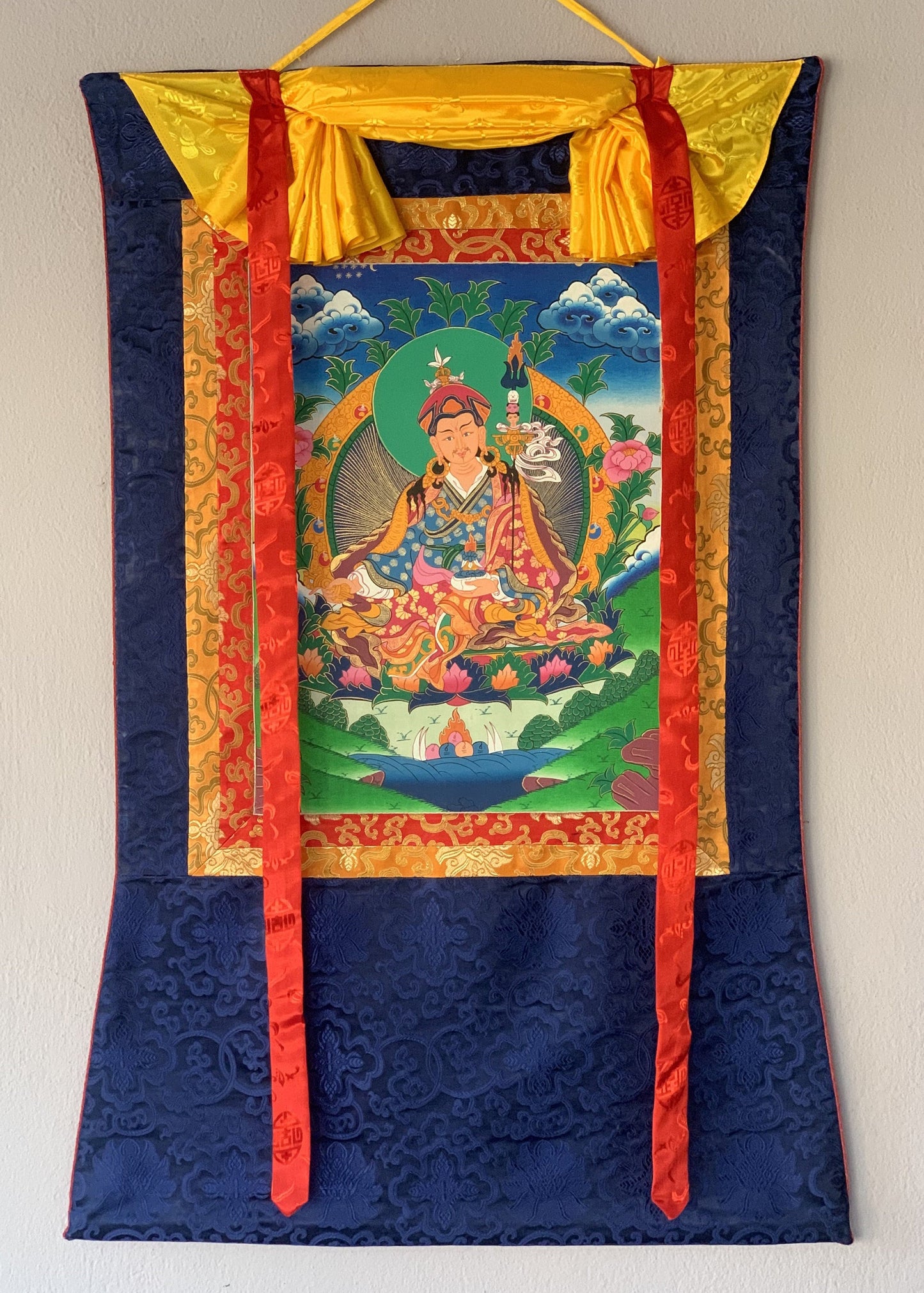 Padmasambhava, Guru Rinpoche Tibetan Thangka Painting Original Hand Painting/Art with Silk Brocade