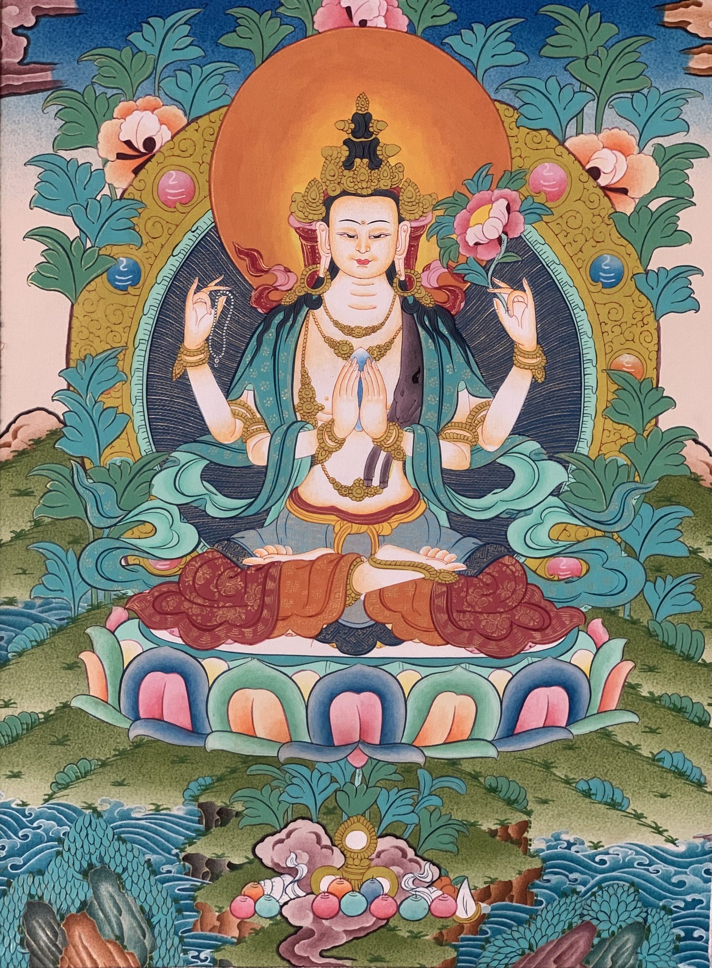 Avalokiteshvara Chyangresi Chenrezig Bodhisattva of Compassion Master Quality Original Tibetan Thangka Painting  with Premium Silk Brocade