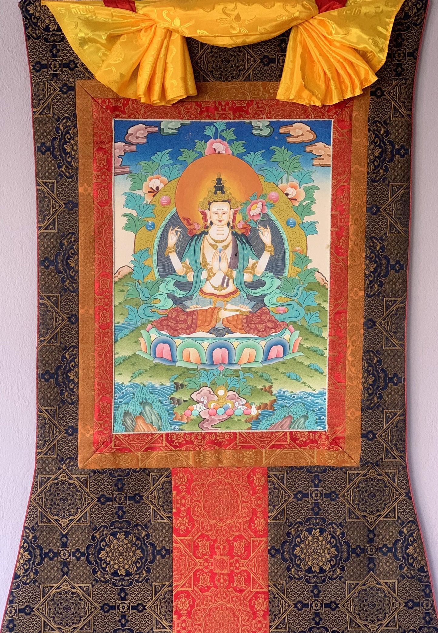 Avalokiteshvara Chyangresi Chenrezig Bodhisattva of Compassion Master Quality Original Tibetan Thangka Painting  with Premium Silk Brocade