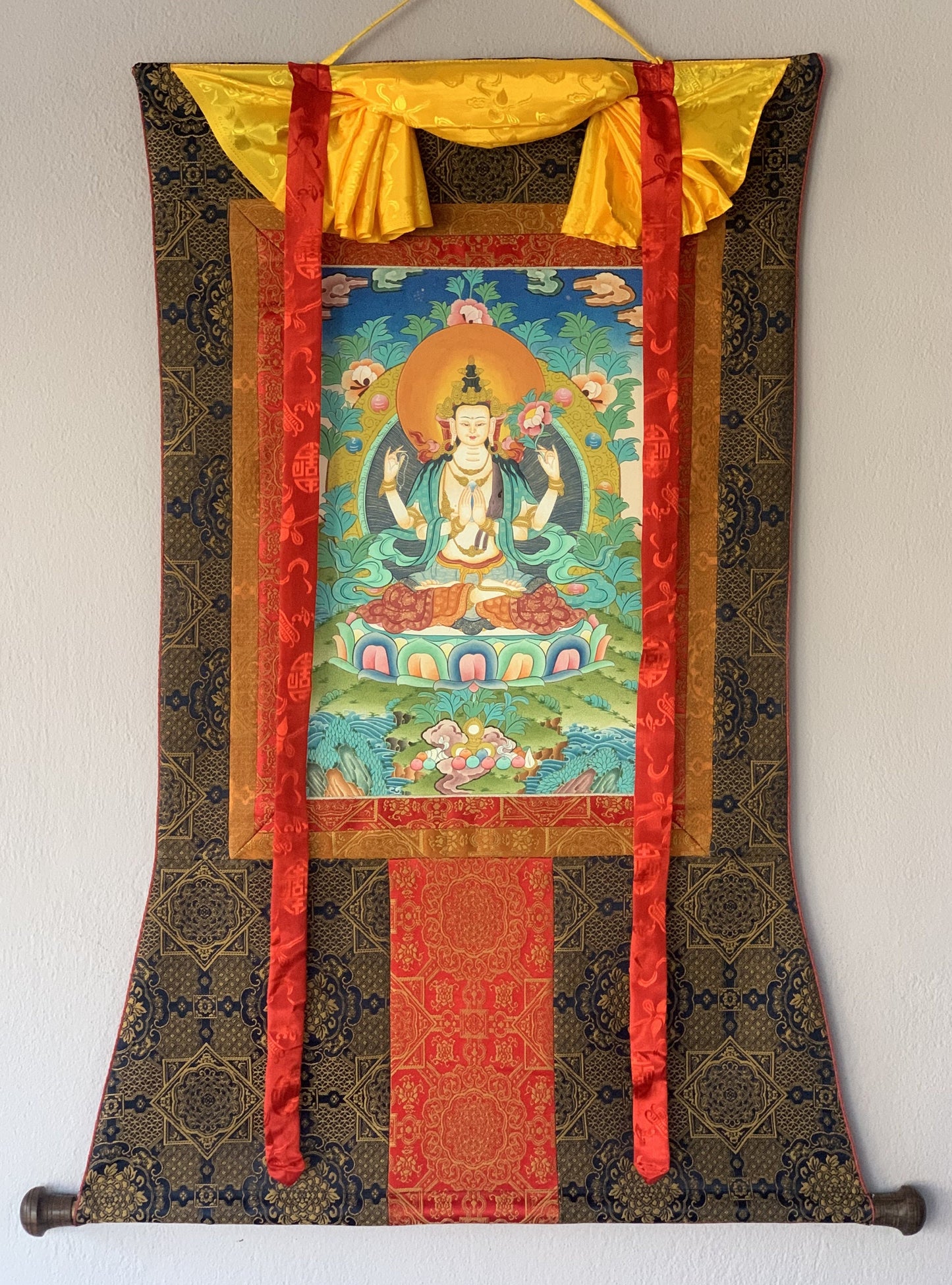 Avalokiteshvara Chyangresi Chenrezig Bodhisattva of Compassion Master Quality Original Tibetan Thangka Painting  with Premium Silk Brocade