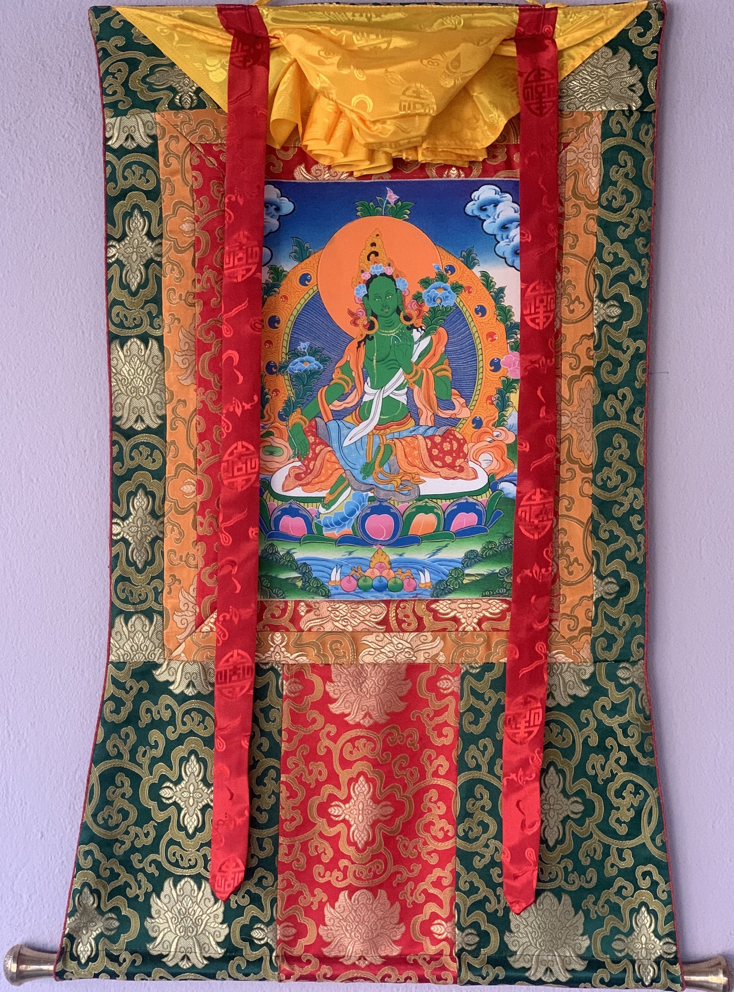 Green Tara/ Shyamatara Mother Goddess Tibetan Thangka Original Hand Painting with Silk Brocade