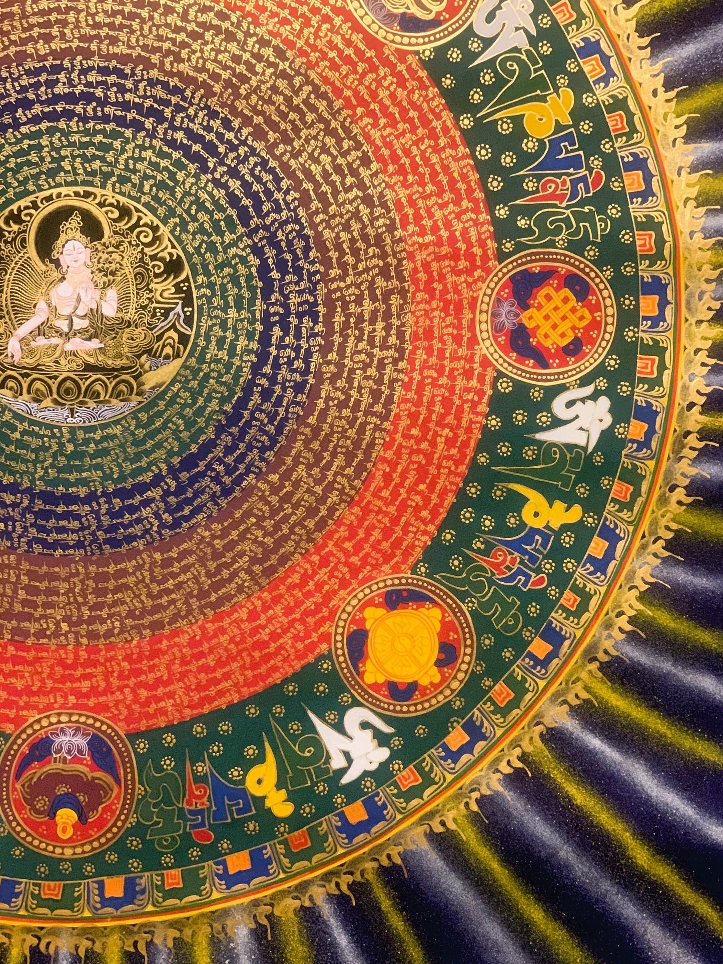 Large ( 1 x 1 Meter) White Tara Om Mantra Mandala Tibetan Thangka Painting, Original Hand-Painted Art for Meditation, Healing, Home Decor